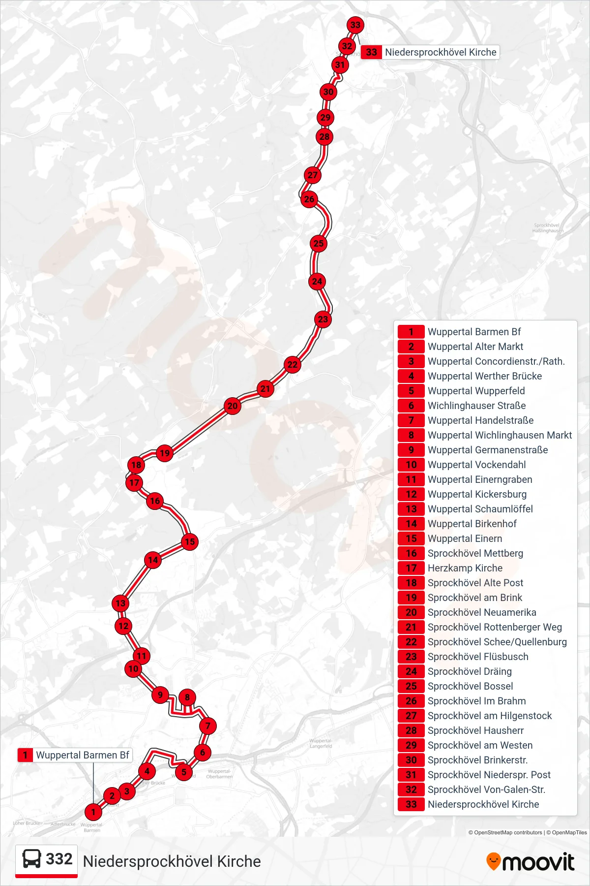 Linie 332 (Bus) Richtung Niedersprockhövel Kirche: Route und Haltestellen auf der Karte