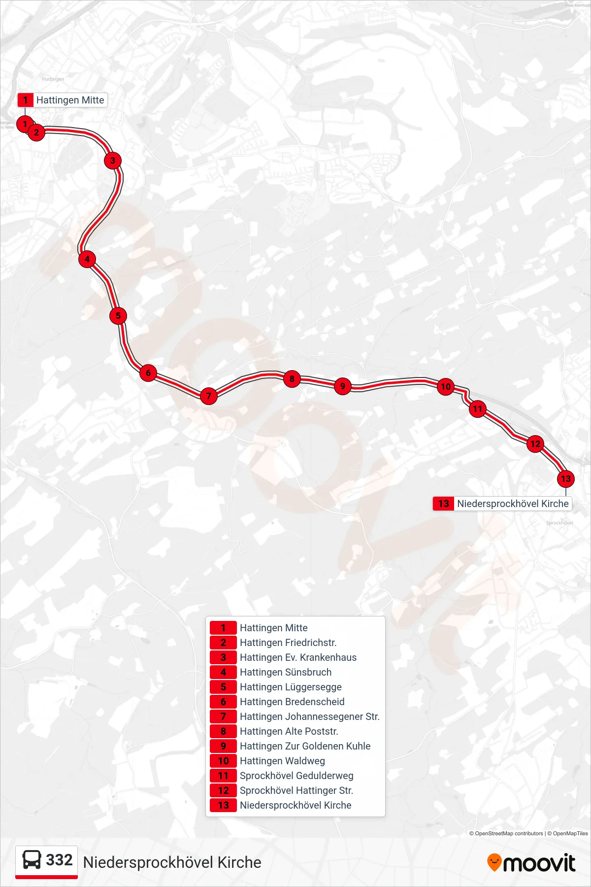 Linie 332 (Bus) Richtung Niedersprockhövel Kirche: Route und Haltestellen auf der Karte