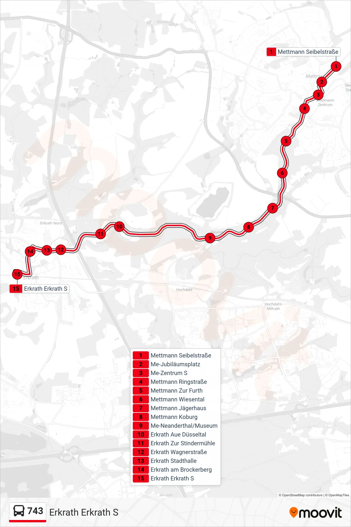 Linie 743 (Bus) Richtung Erkrath Erkrath S: Route und Haltestellen auf der Karte