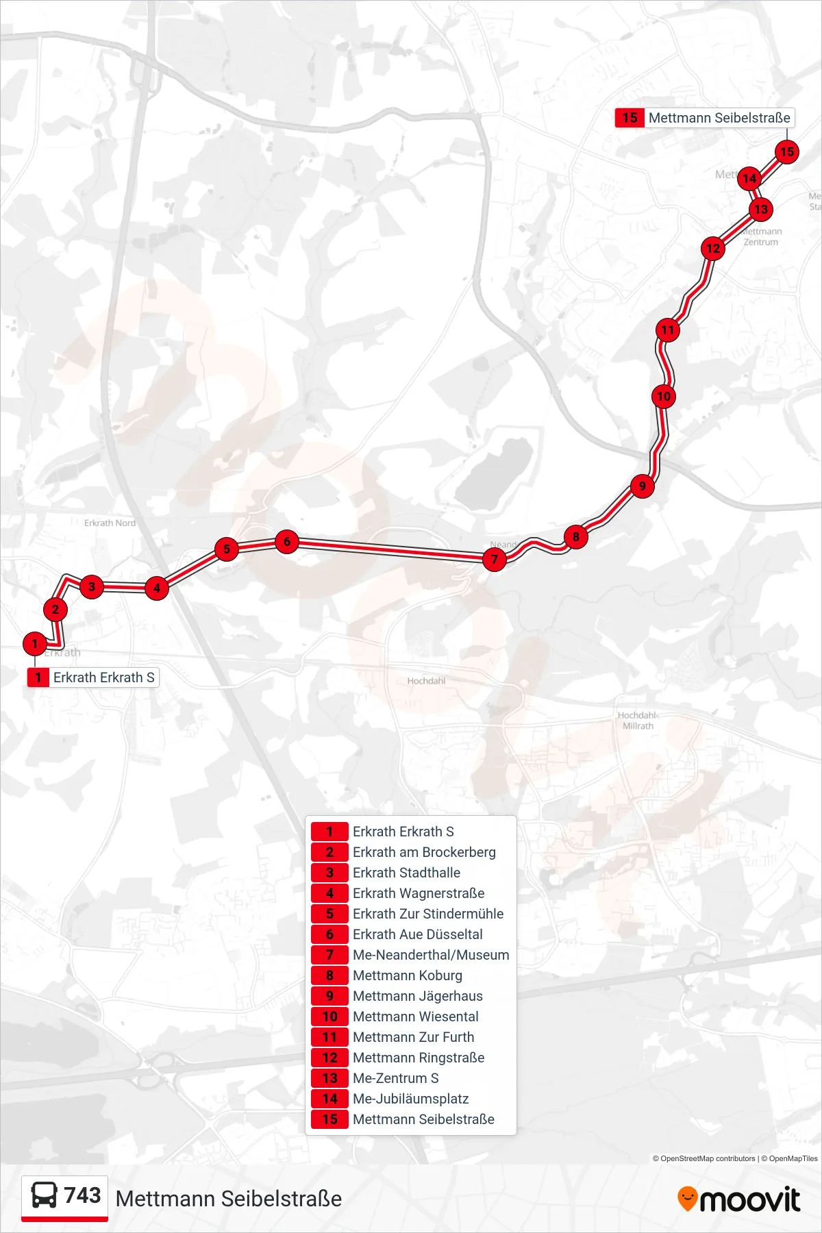 Linie 743 (Bus) Richtung Mettmann Seibelstraße: Route und Haltestellen auf der Karte