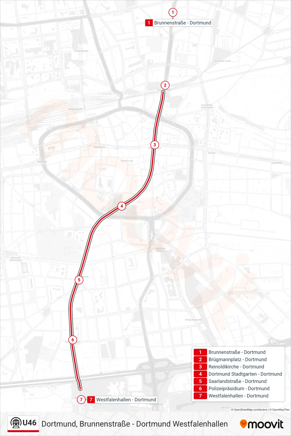 Linie U46 (U-Bahn) Richtung Dortmund Westfalenhallen: Route und Haltestellen auf der Karte