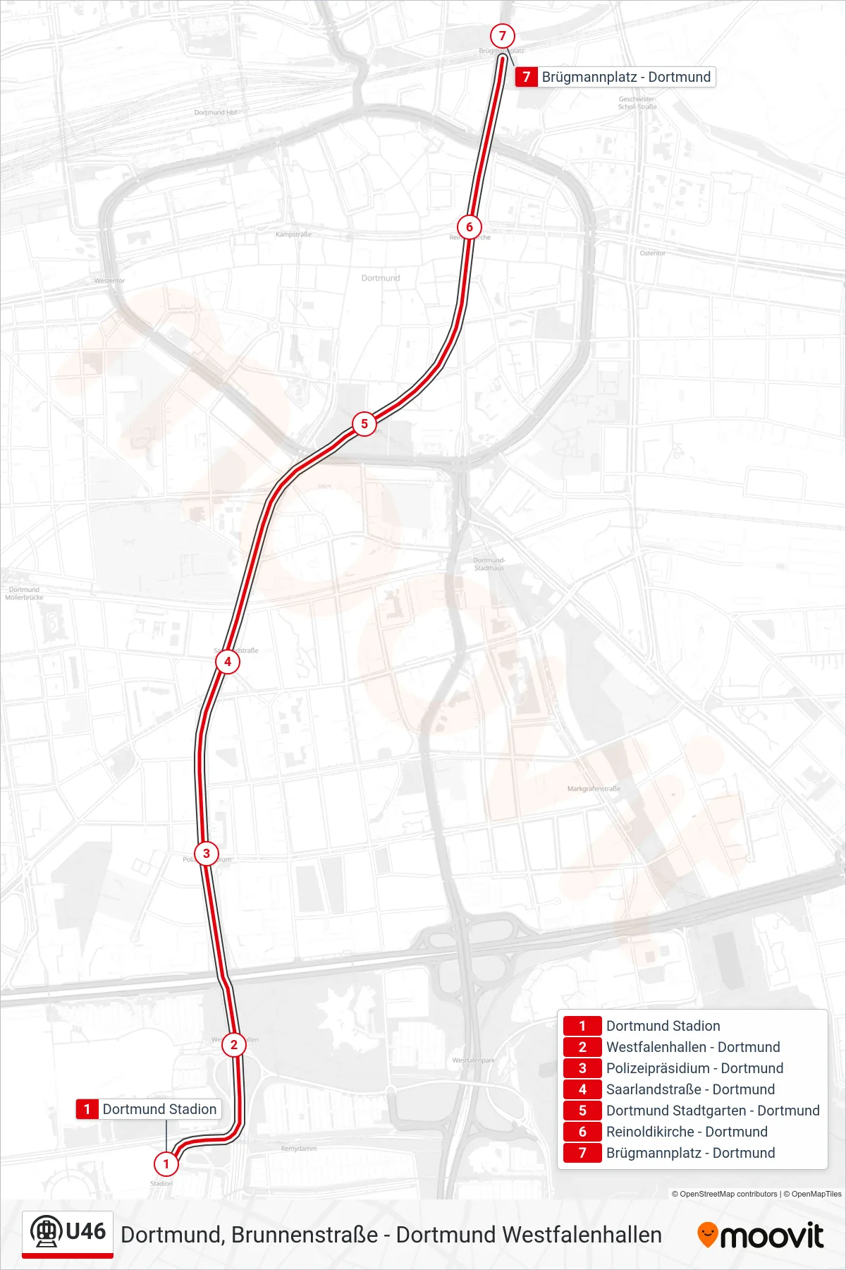 Linie U46 (U-Bahn) Richtung Dortmund Brügmannplatz: Route und Haltestellen auf der Karte