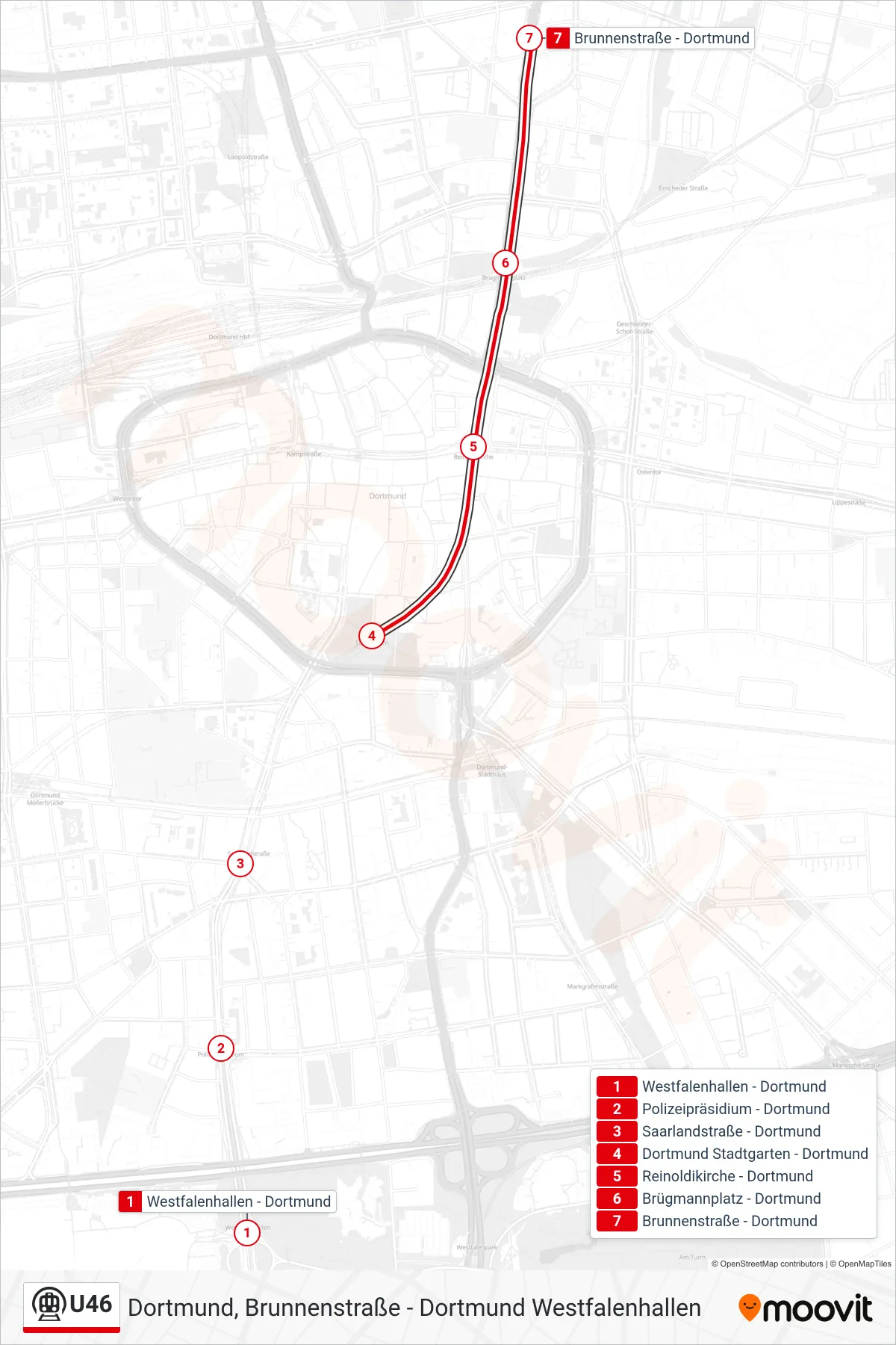 Linie U46 (U-Bahn) Richtung Dortmund, Brunnenstraße: Route und Haltestellen auf der Karte