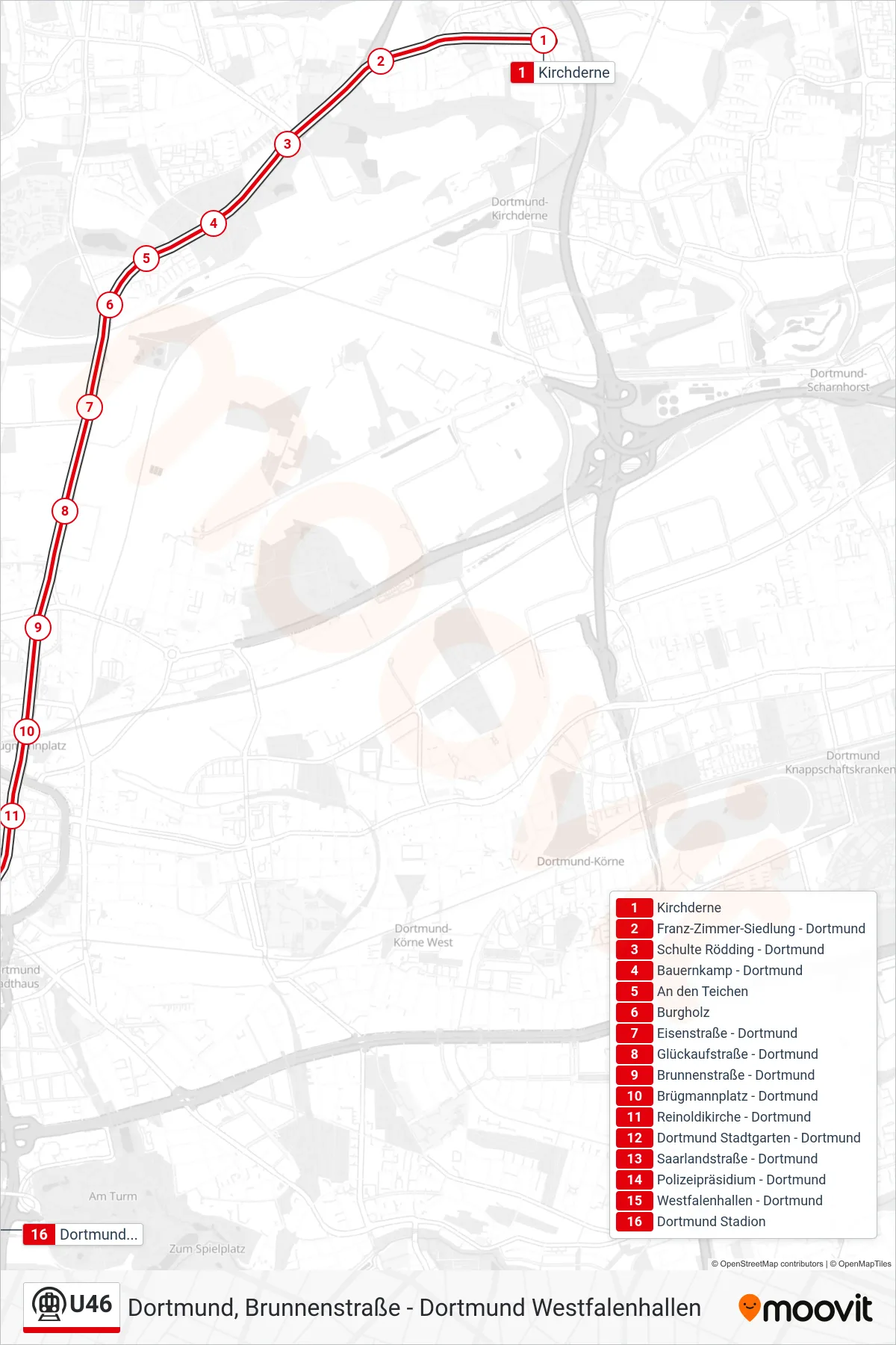 Linie U46 (U-Bahn) Richtung Dortmund Stadion: Route und Haltestellen auf der Karte