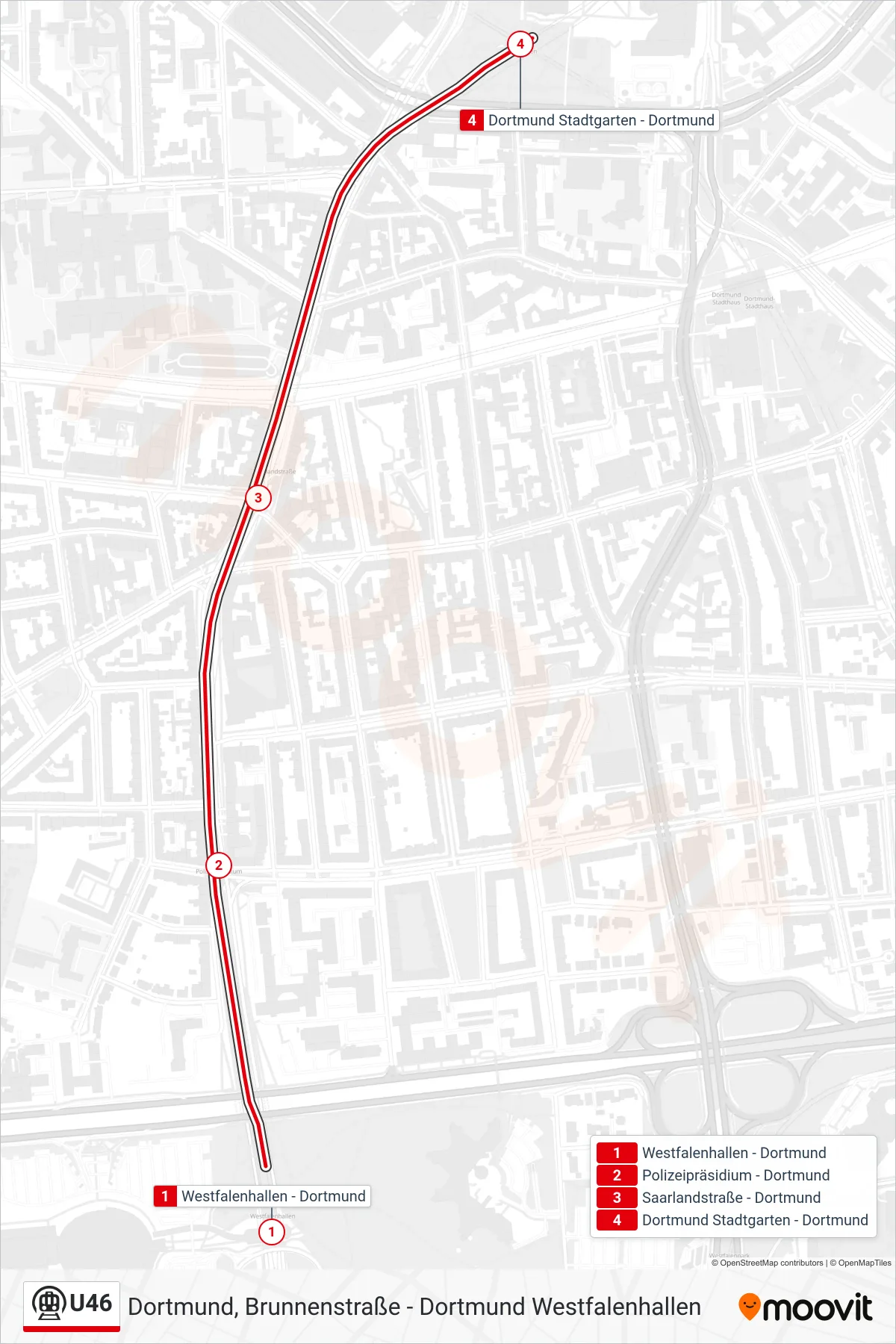 Linie U46 (U-Bahn) Richtung Dortmund Stadtgarten: Route und Haltestellen auf der Karte