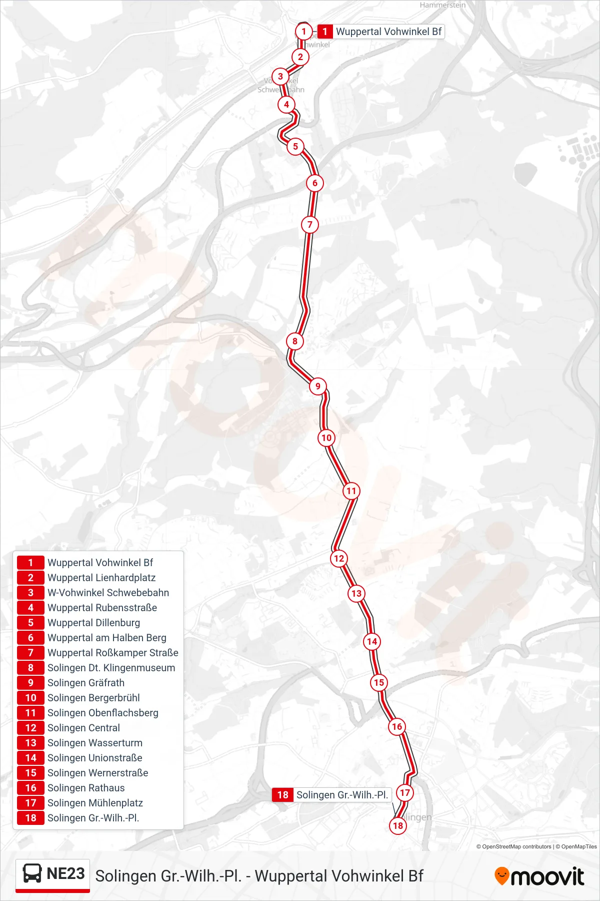 NE23 bus Line (Solingen Gr.-Wilh.-Pl.) route and stops on a map