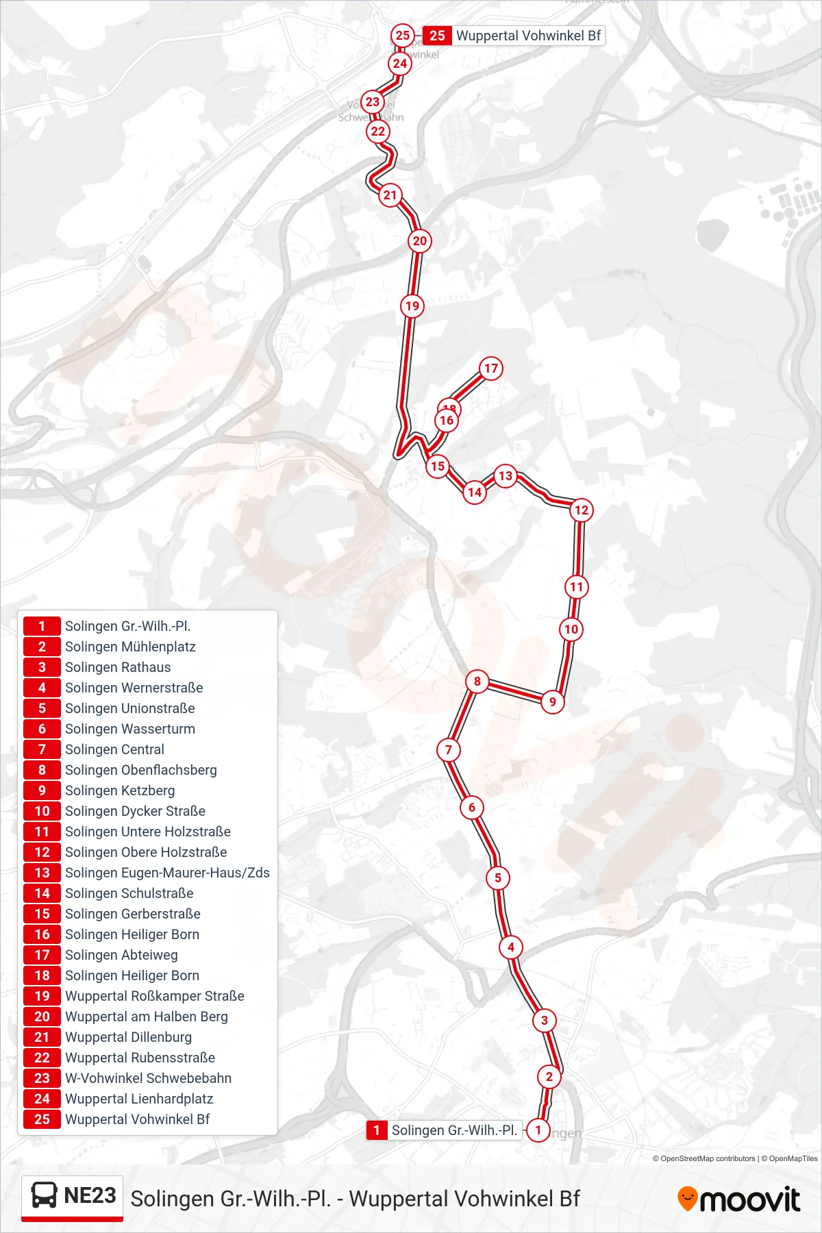 NE23 bus Line (Wuppertal Vohwinkel Bf) route and stops on a map
