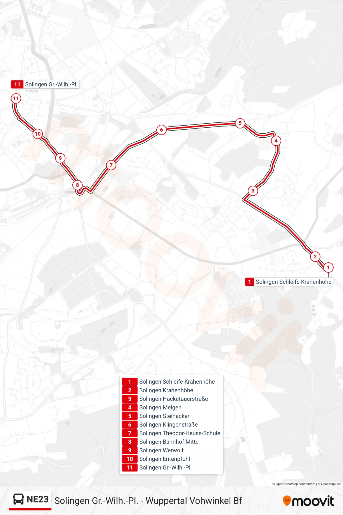 NE23 bus Line (Solingen Gr.-Wilh.-Pl.) route and stops on a map