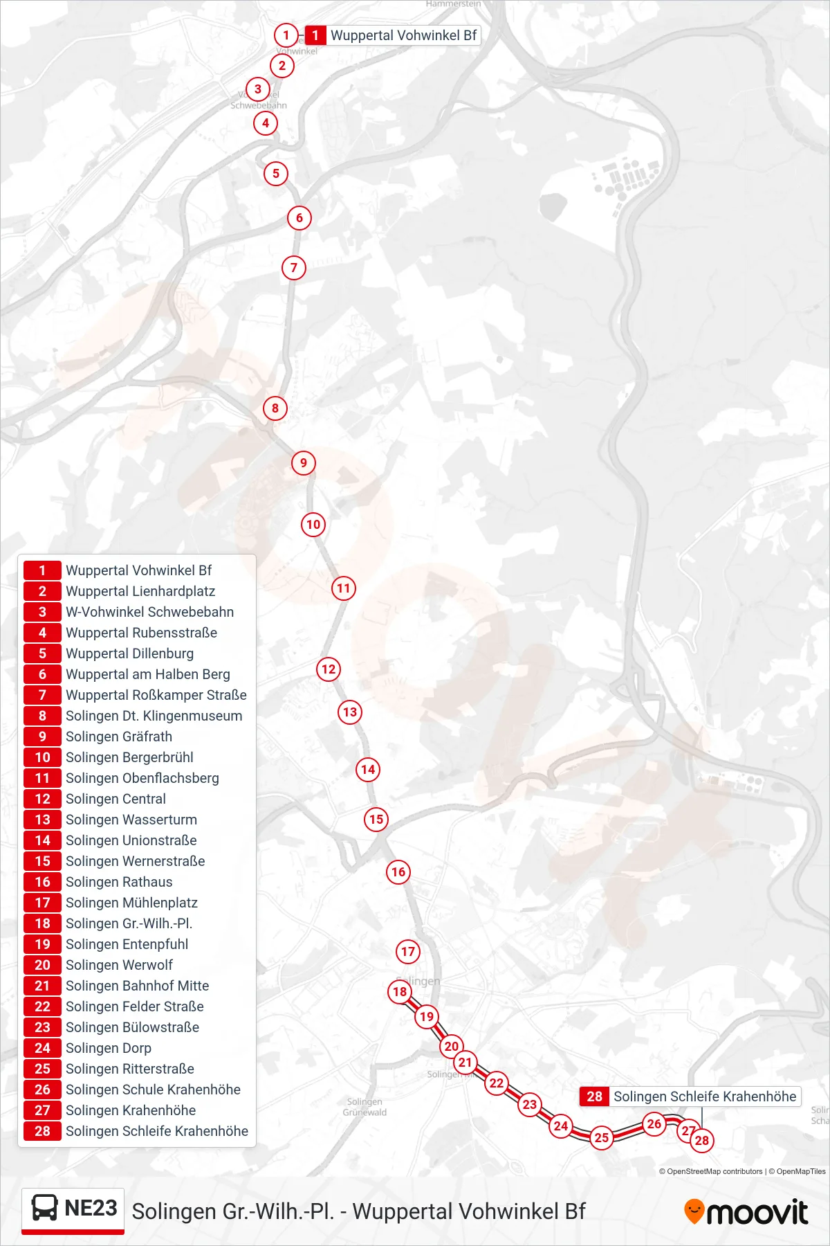 Linie NE23 (Bus) Richtung Solingen Schleife Krahenhöhe: Route und Haltestellen auf der Karte