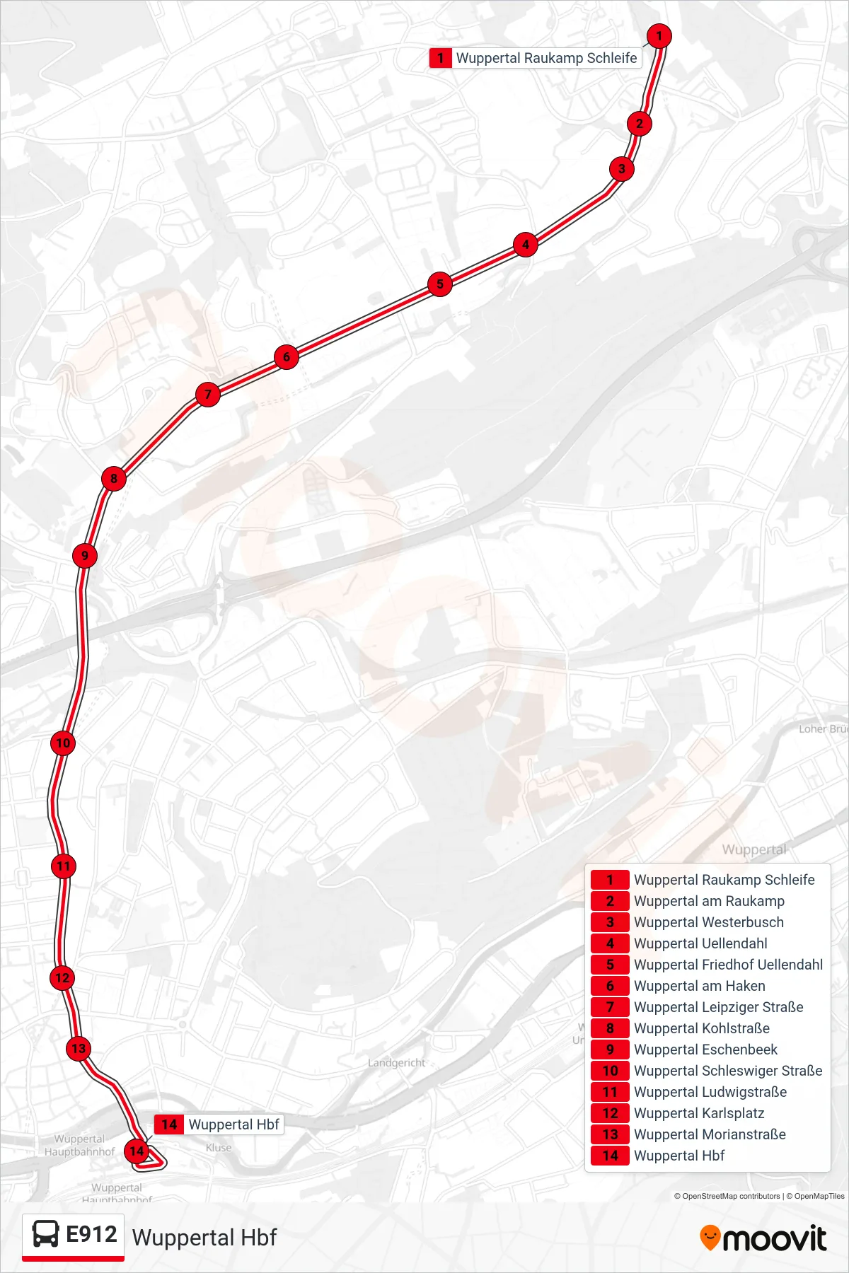 Linie E912 (Bus) Richtung Wuppertal Hbf: Route und Haltestellen auf der Karte
