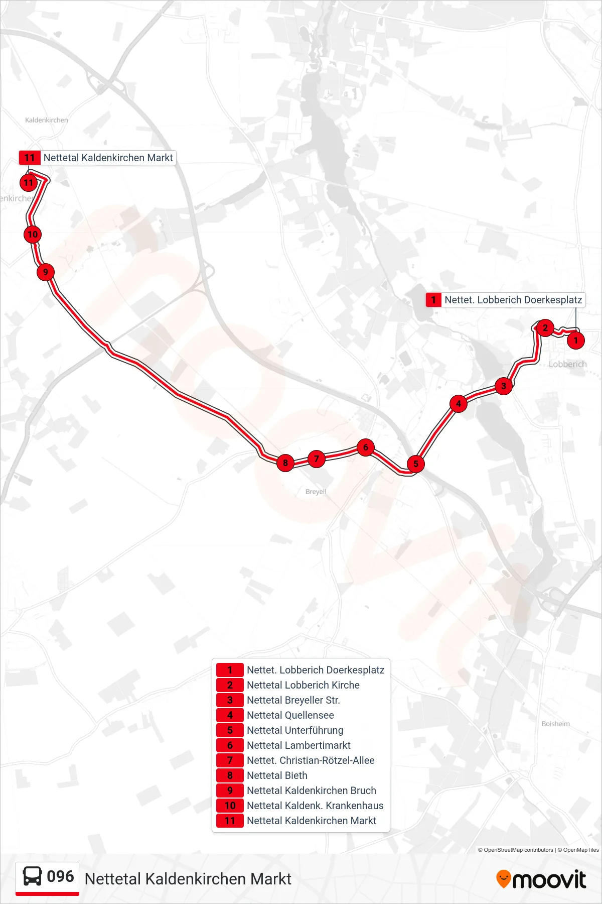 Linie 096 (Bus) Richtung Nettetal Kaldenkirchen Markt: Route und Haltestellen auf der Karte