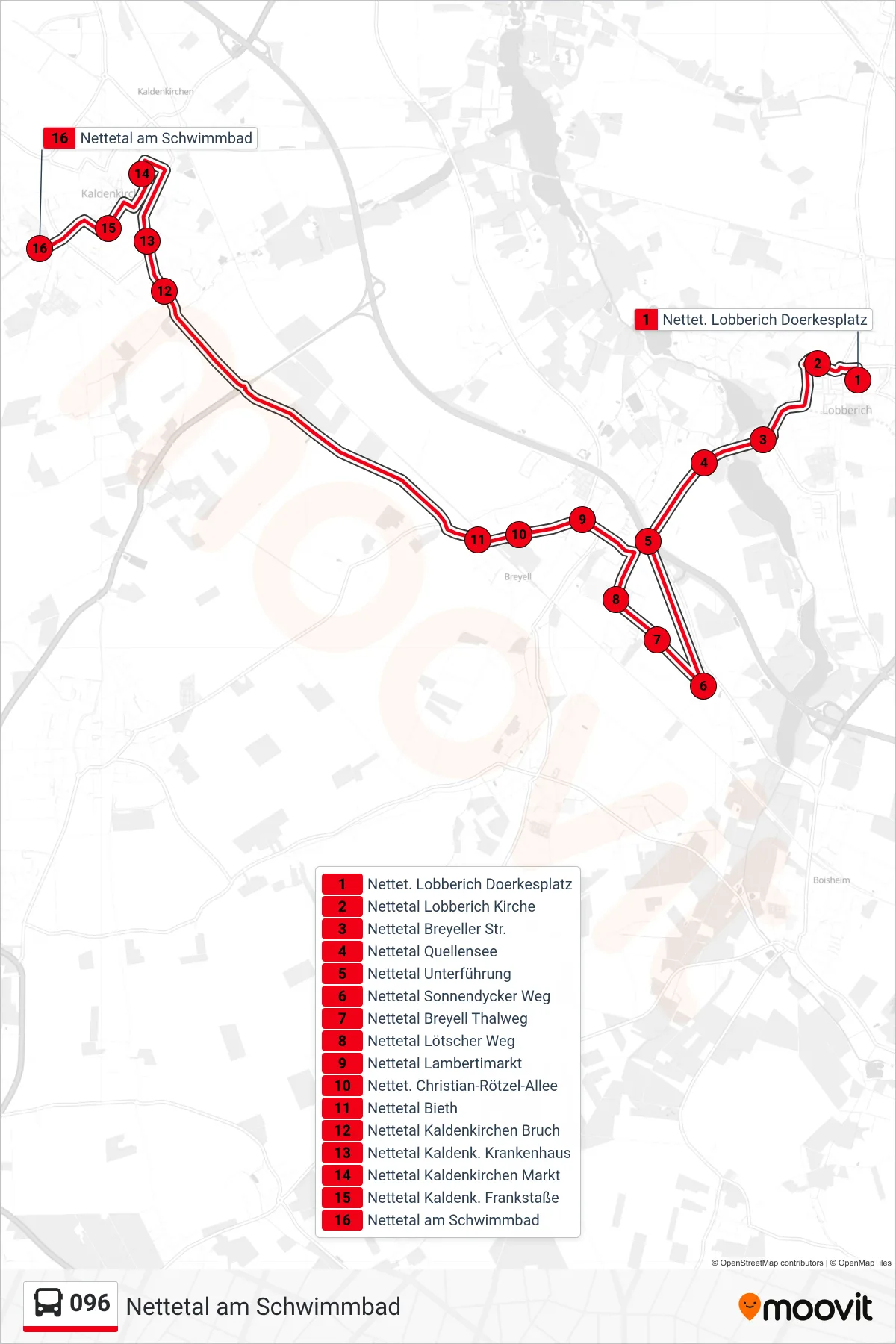 Linie 096 (Bus) Richtung Nettetal am Schwimmbad: Route und Haltestellen auf der Karte