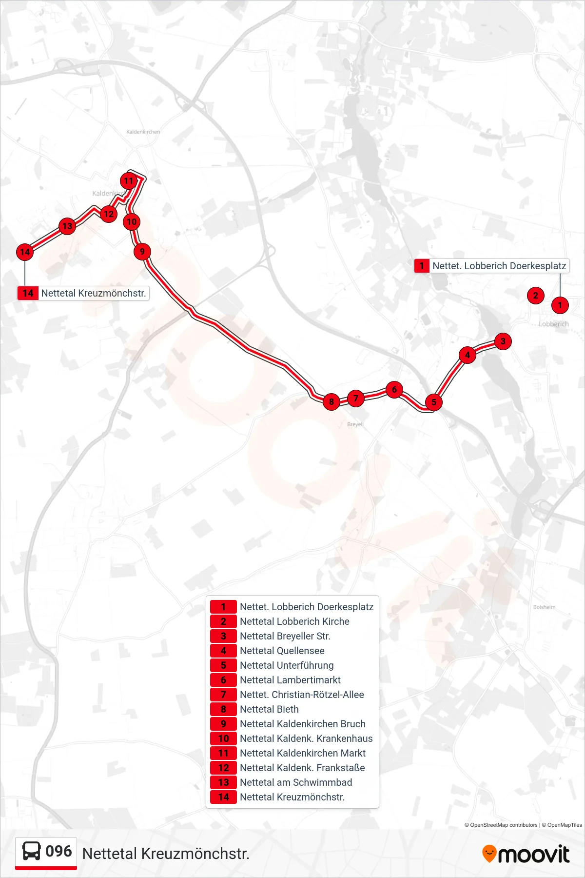 Linie 096 (Bus) Richtung Nettetal Kreuzmönchstr.: Route und Haltestellen auf der Karte