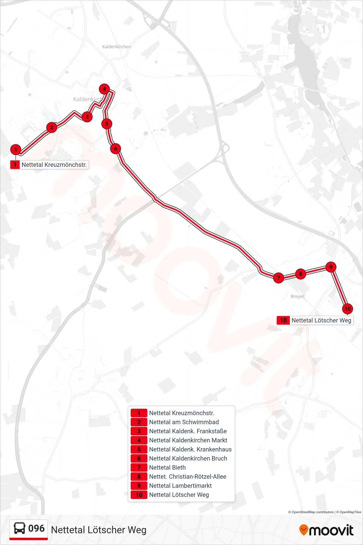 Linie 096 (Bus) Richtung Nettetal Lötscher Weg: Route und Haltestellen auf der Karte