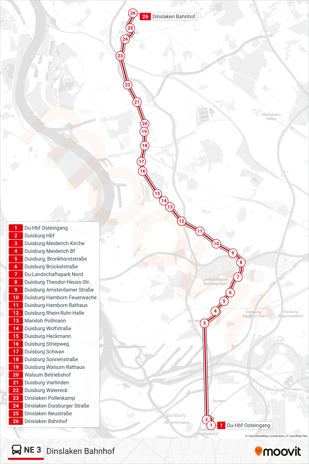 NE 3 bus Line (Dinslaken Bahnhof) route and stops on a map