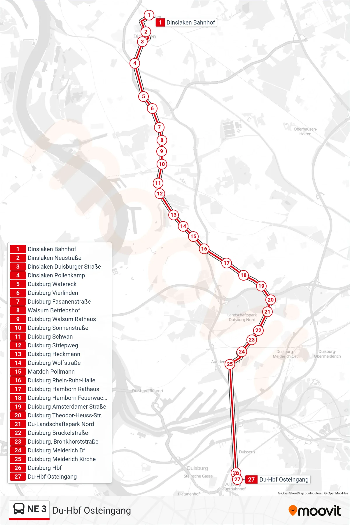Linie NE 3 (Bus) Richtung Du-Hbf Osteingang: Route und Haltestellen auf der Karte