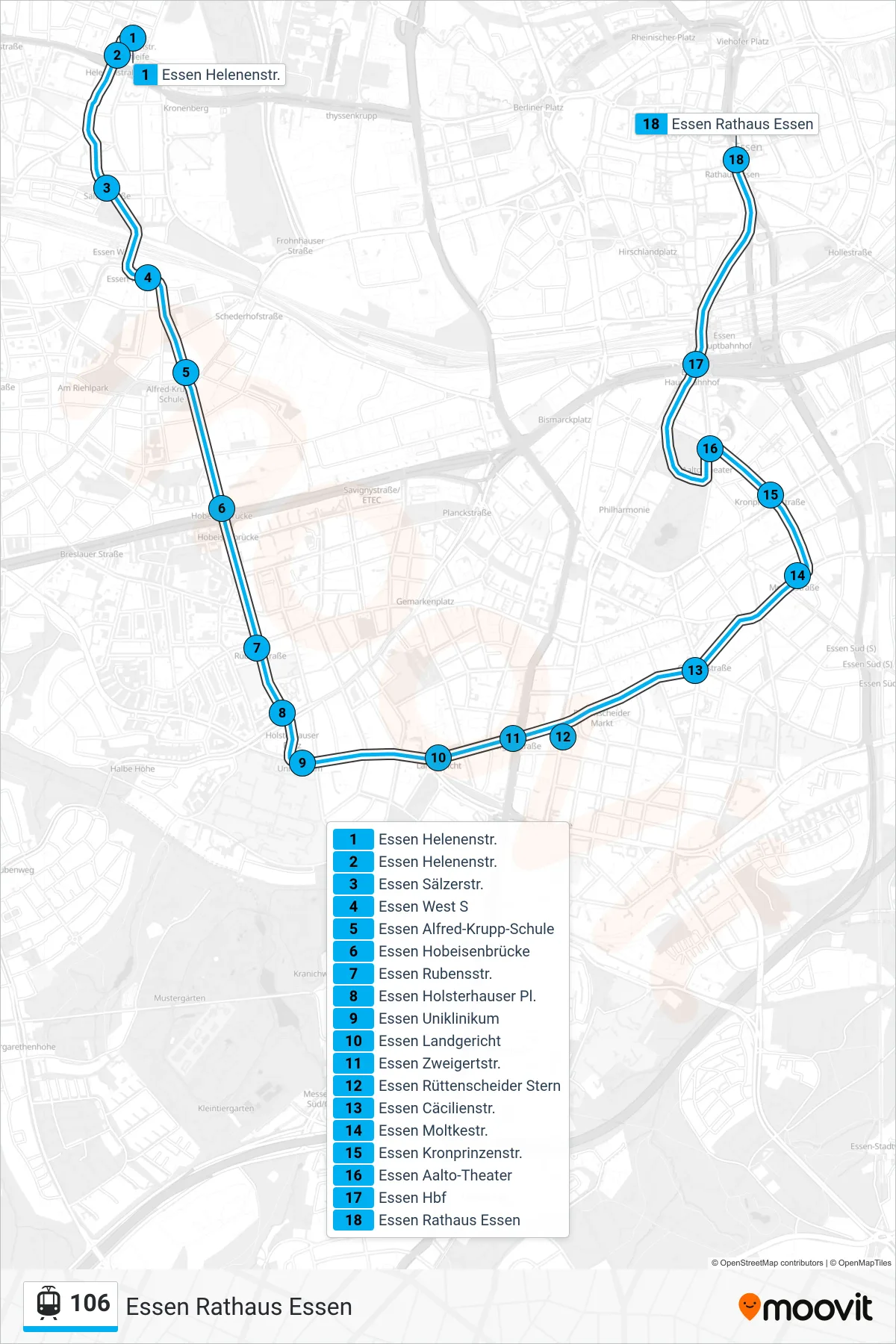 Linie 106 (Straßenbahn) Richtung Essen Rathaus Essen: Route und Haltestellen auf der Karte