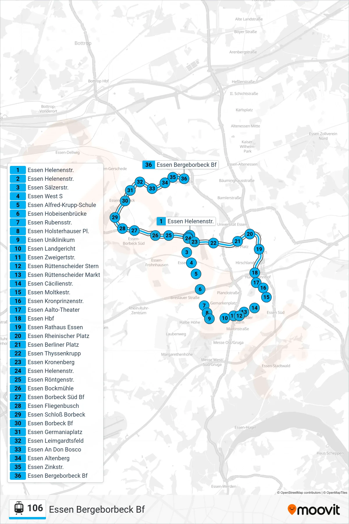 106 light rail Line (Essen Bergeborbeck Bf) route and stops on a map