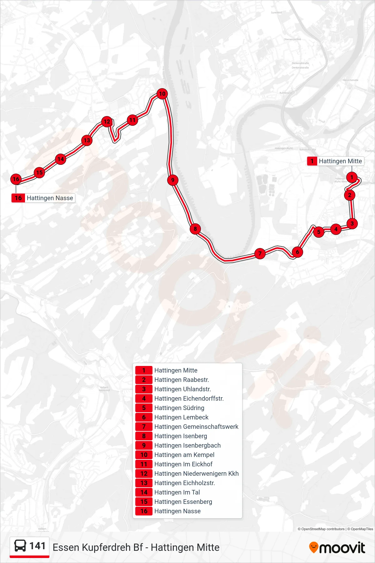 Linie 141 (Bus) Richtung Hattingen Nasse: Route und Haltestellen auf der Karte