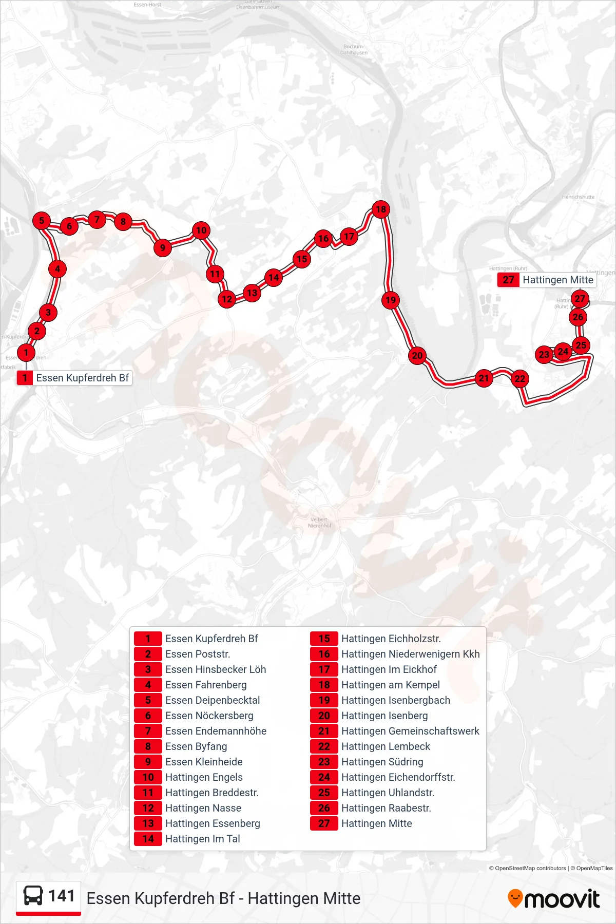 141 bus Line (Hattingen Mitte) route and stops on a map