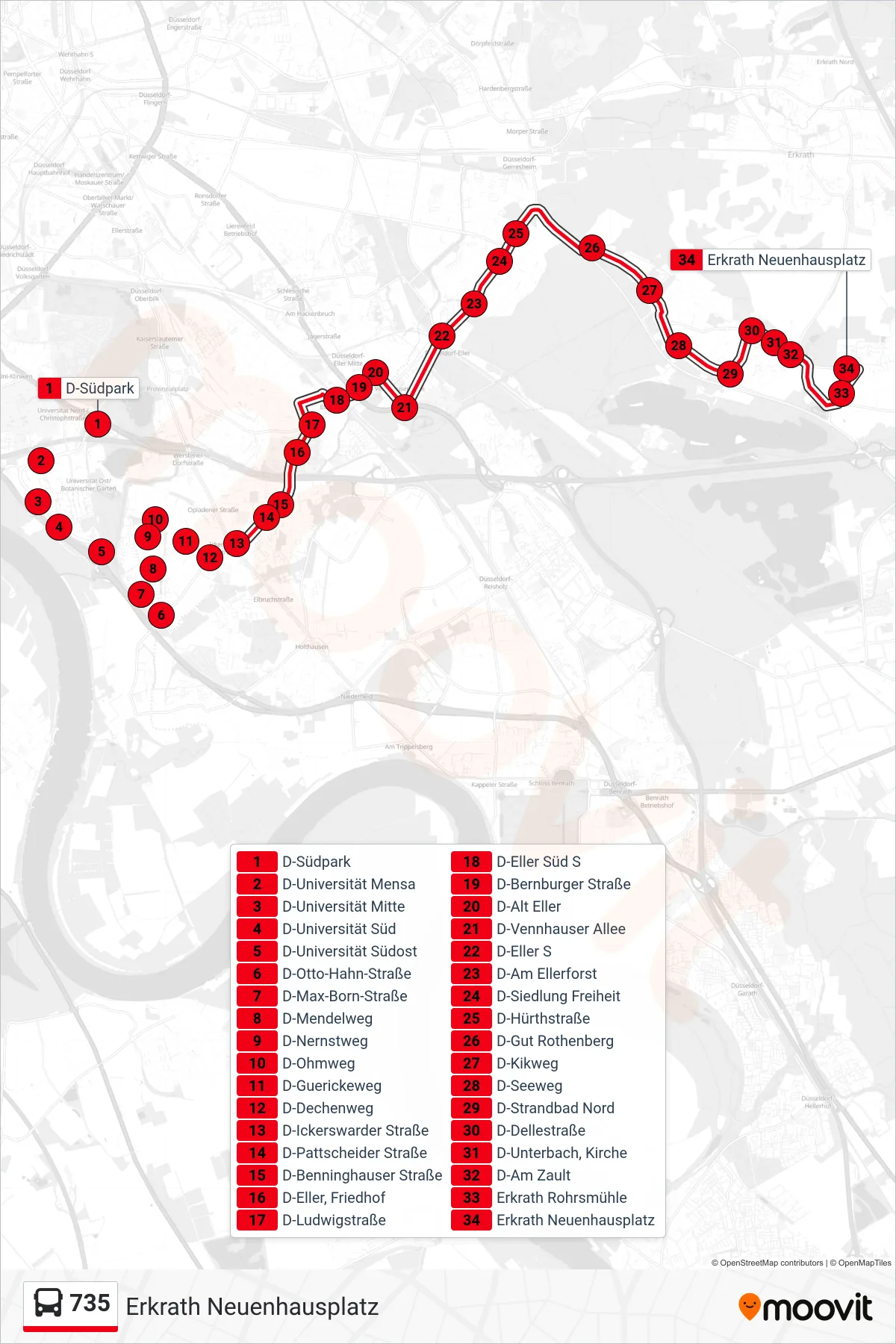 Linie 735 (Bus) Richtung Erkrath Neuenhausplatz: Route und Haltestellen auf der Karte