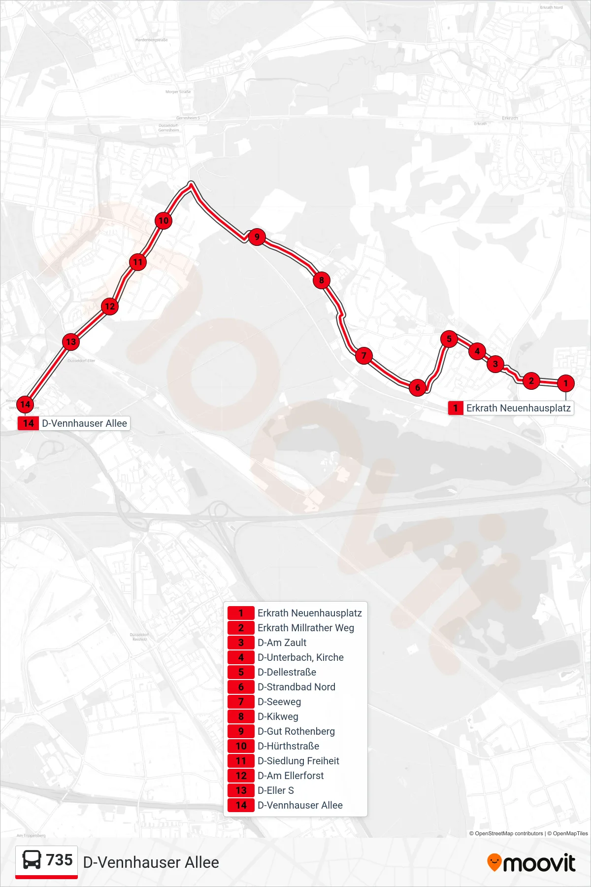 735 bus Line (D-Vennhauser Allee) route and stops on a map