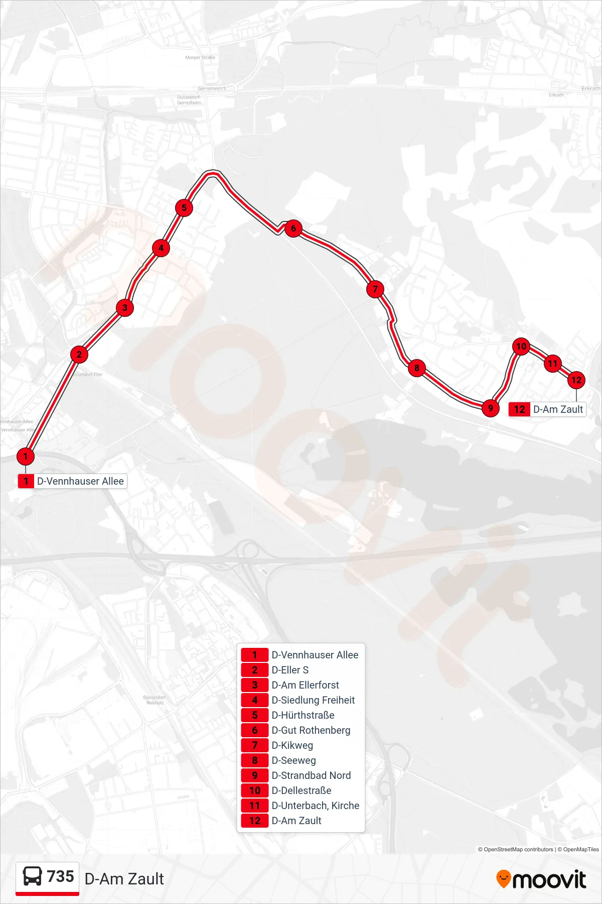 735 bus Line (D-Am Zault) route and stops on a map