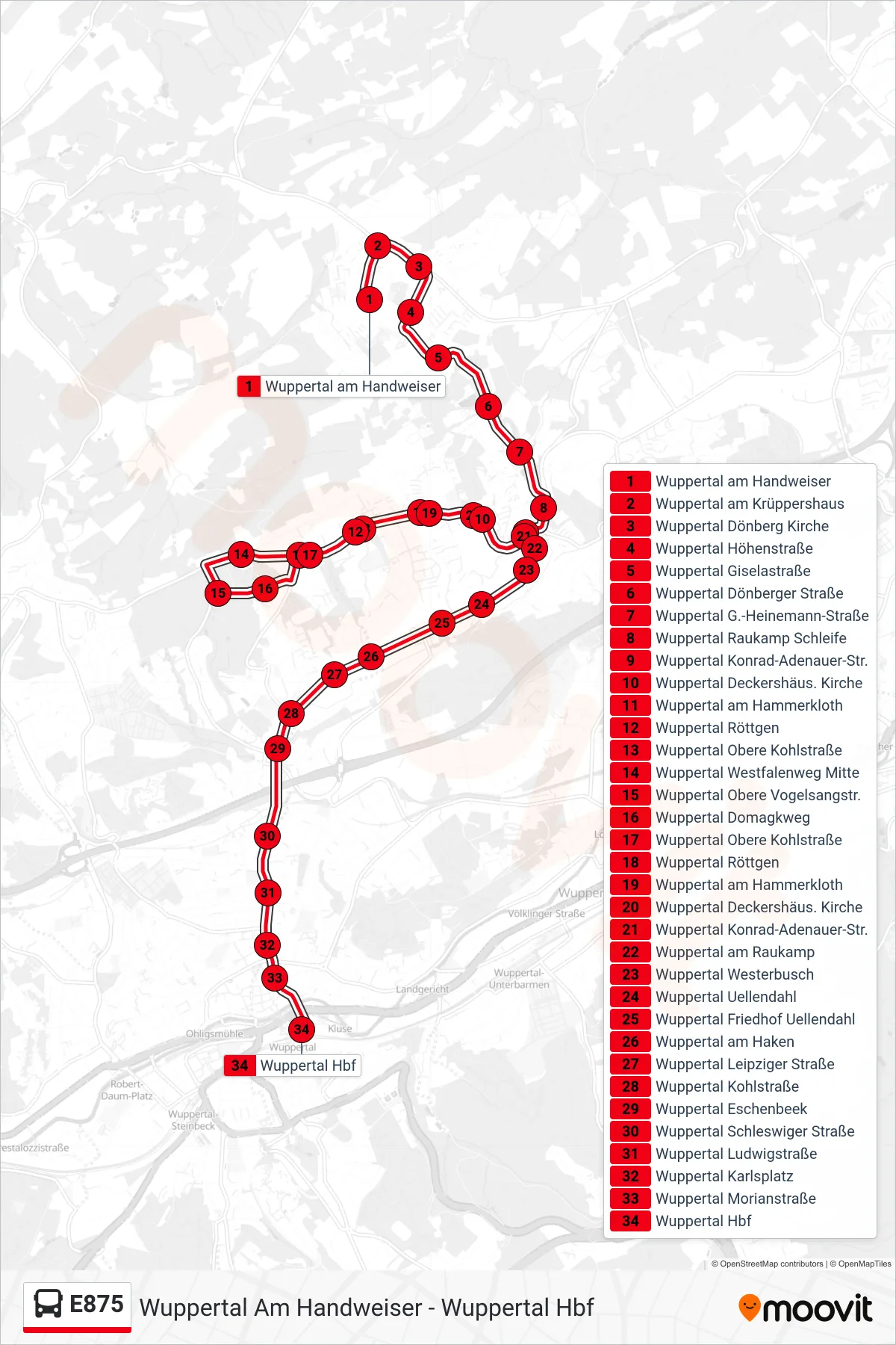 Linie E875 (Bus) Richtung Wuppertal Hbf: Route und Haltestellen auf der Karte