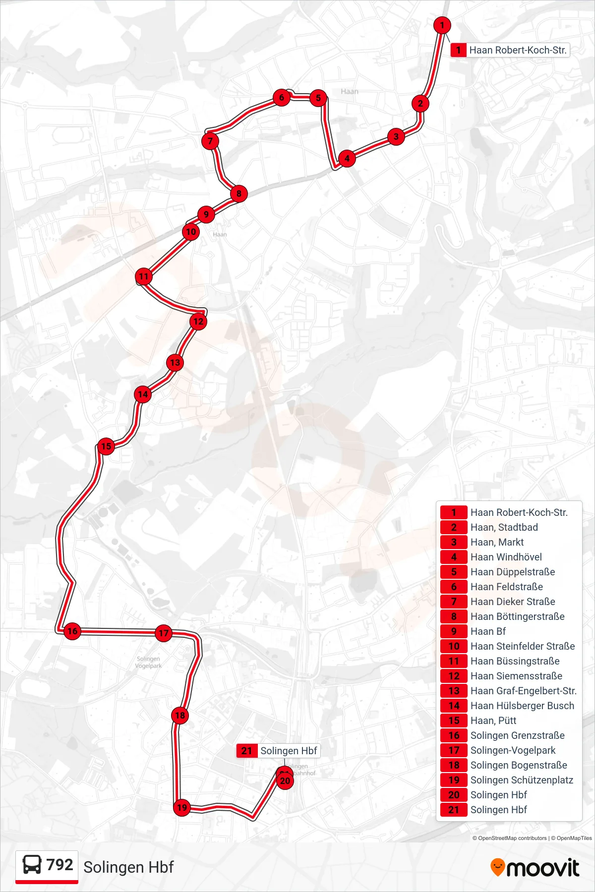 Linie 792 (Bus) Richtung Solingen Hbf: Route und Haltestellen auf der Karte