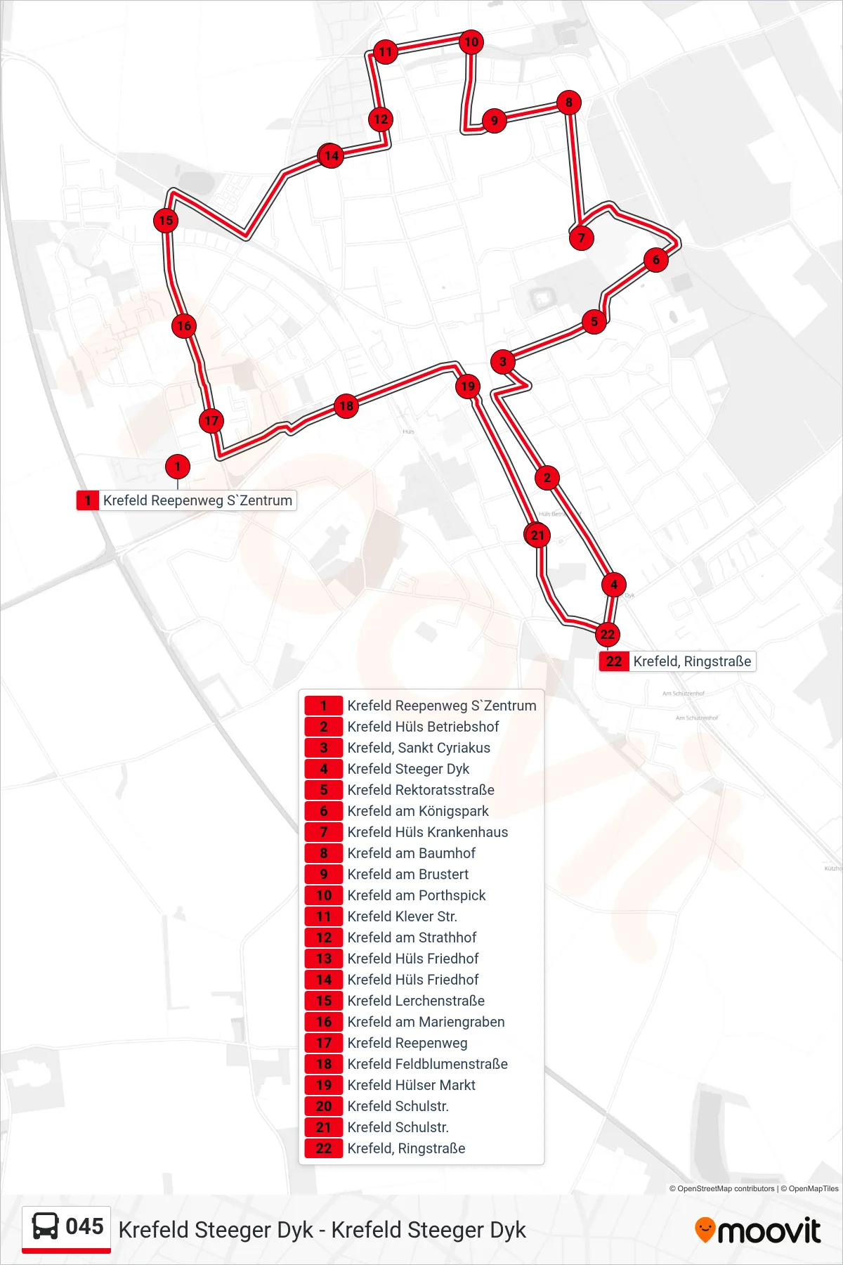 Linie 045 (Bus) Richtung Krefeld Steeger Dyk: Route und Haltestellen auf der Karte