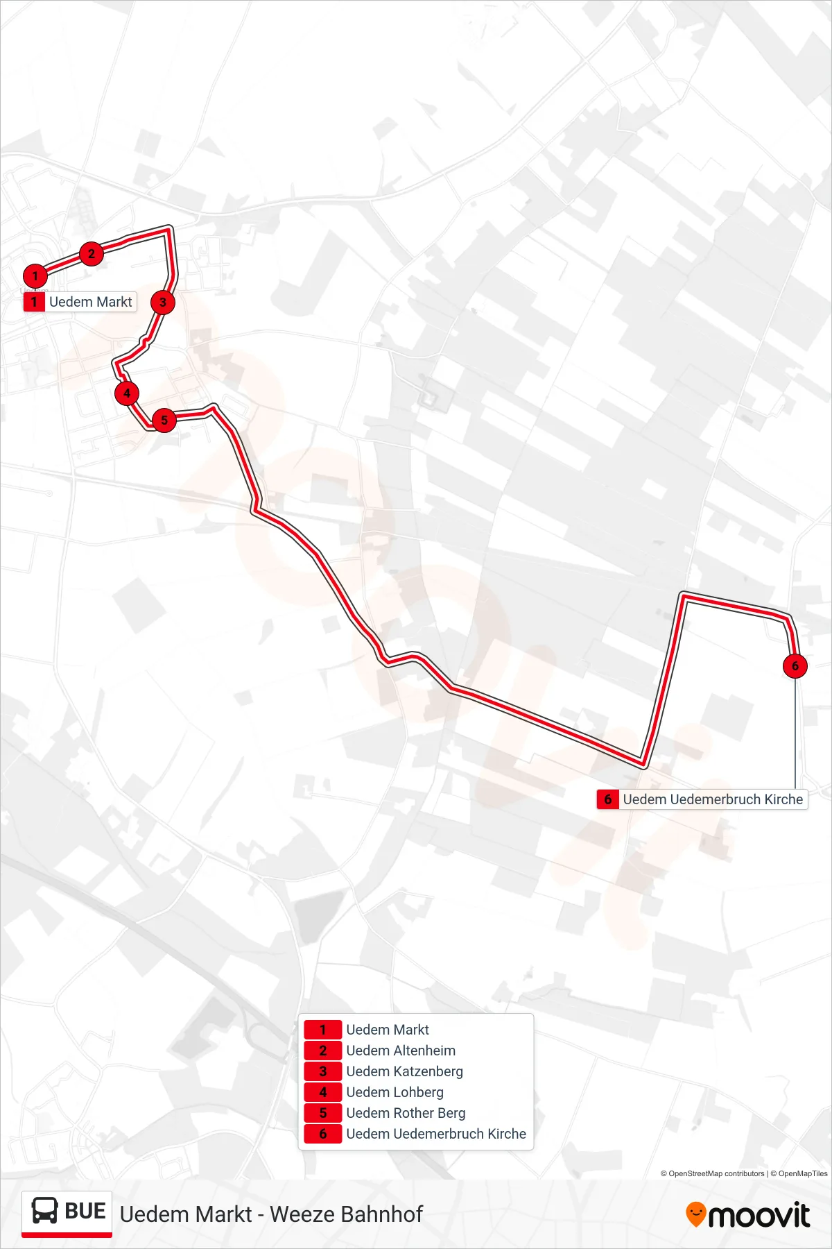 Linie BUE (Bus) Richtung Uedem Uedemerbruch Kirche: Route und Haltestellen auf der Karte
