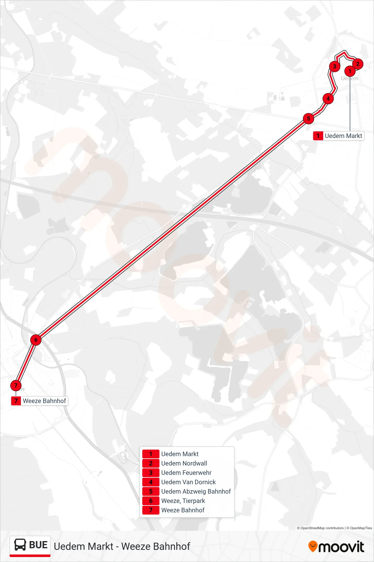 BUE bus Line (Weeze Bahnhof) route and stops on a map