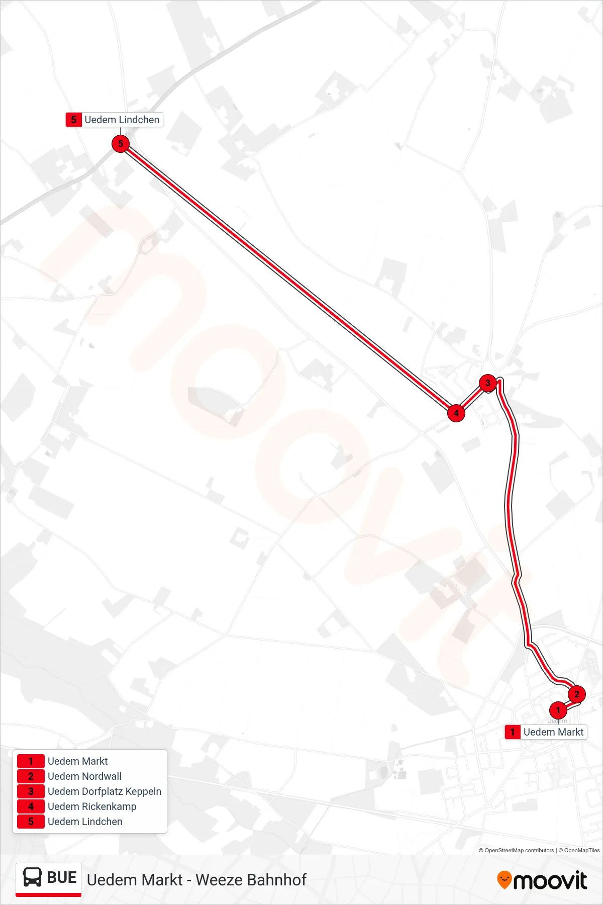 BUE bus Line (Uedem Lindchen) route and stops on a map