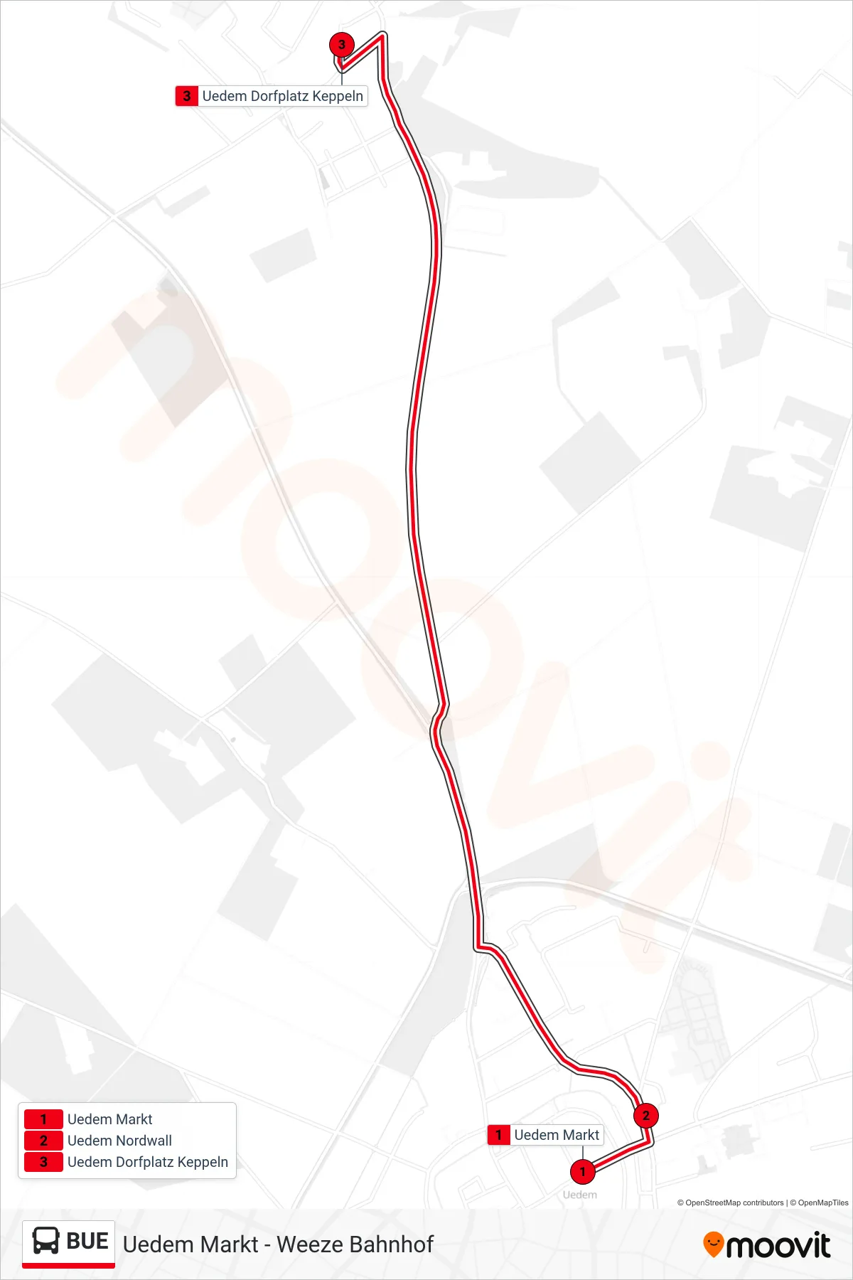 BUE bus Line (Uedem Dorfplatz Keppeln) route and stops on a map