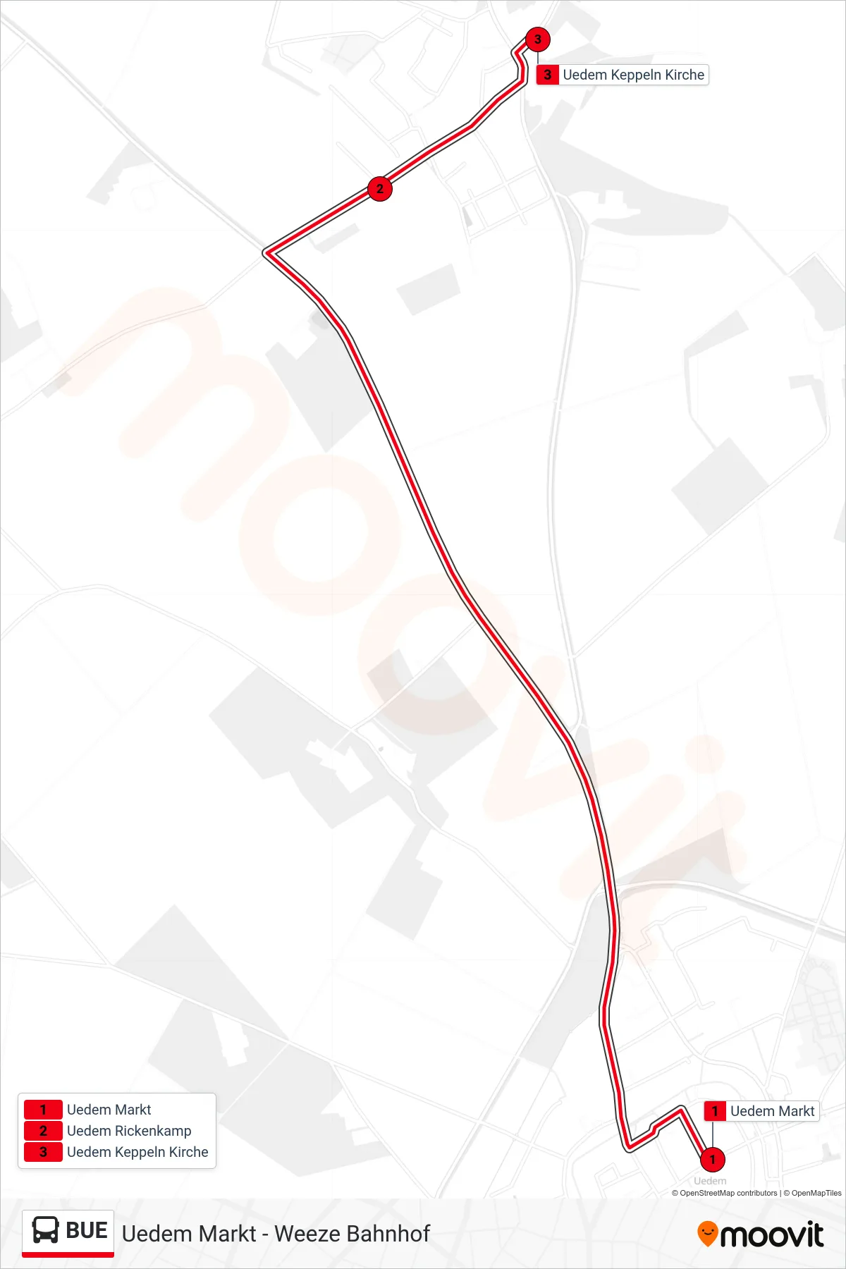 Linie BUE (Bus) Richtung Uedem Keppeln Kirche: Route und Haltestellen auf der Karte