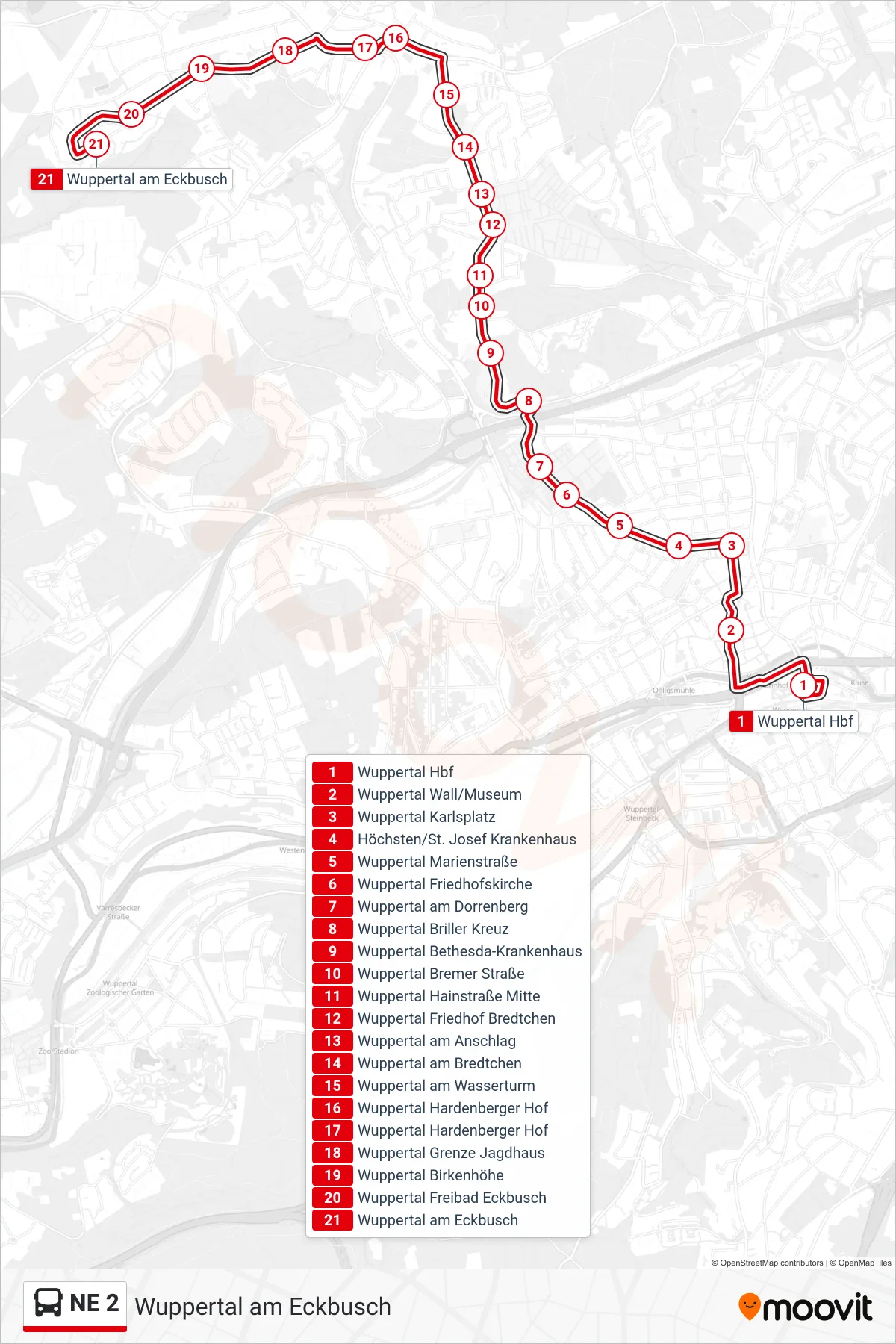 Linie NE 2 (Bus) Richtung Wuppertal am Eckbusch: Route und Haltestellen auf der Karte