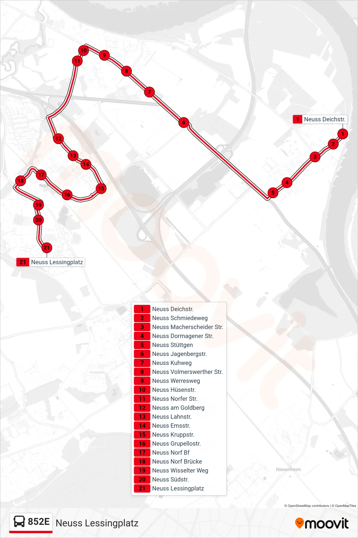 852E bus Line (Neuss Lessingplatz) route and stops on a map