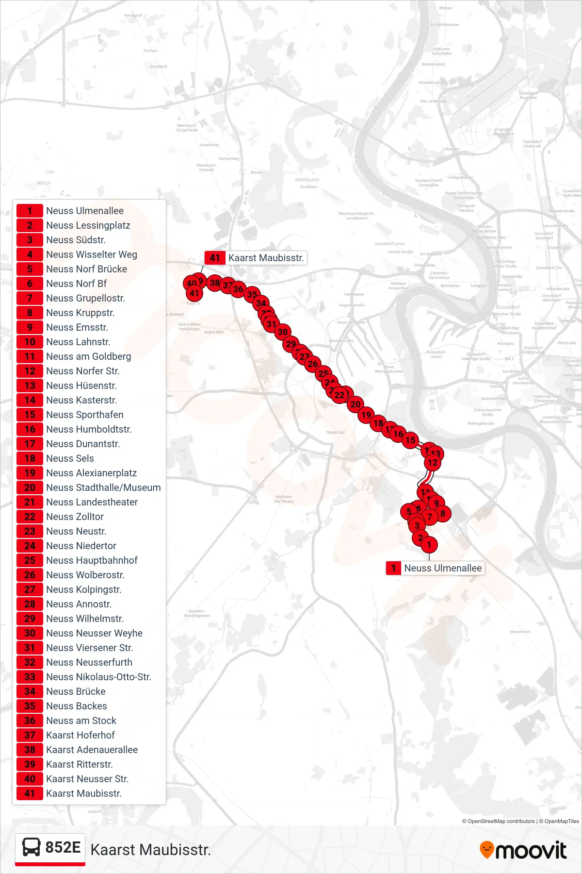 852E bus Line (Kaarst Maubisstr.) route and stops on a map