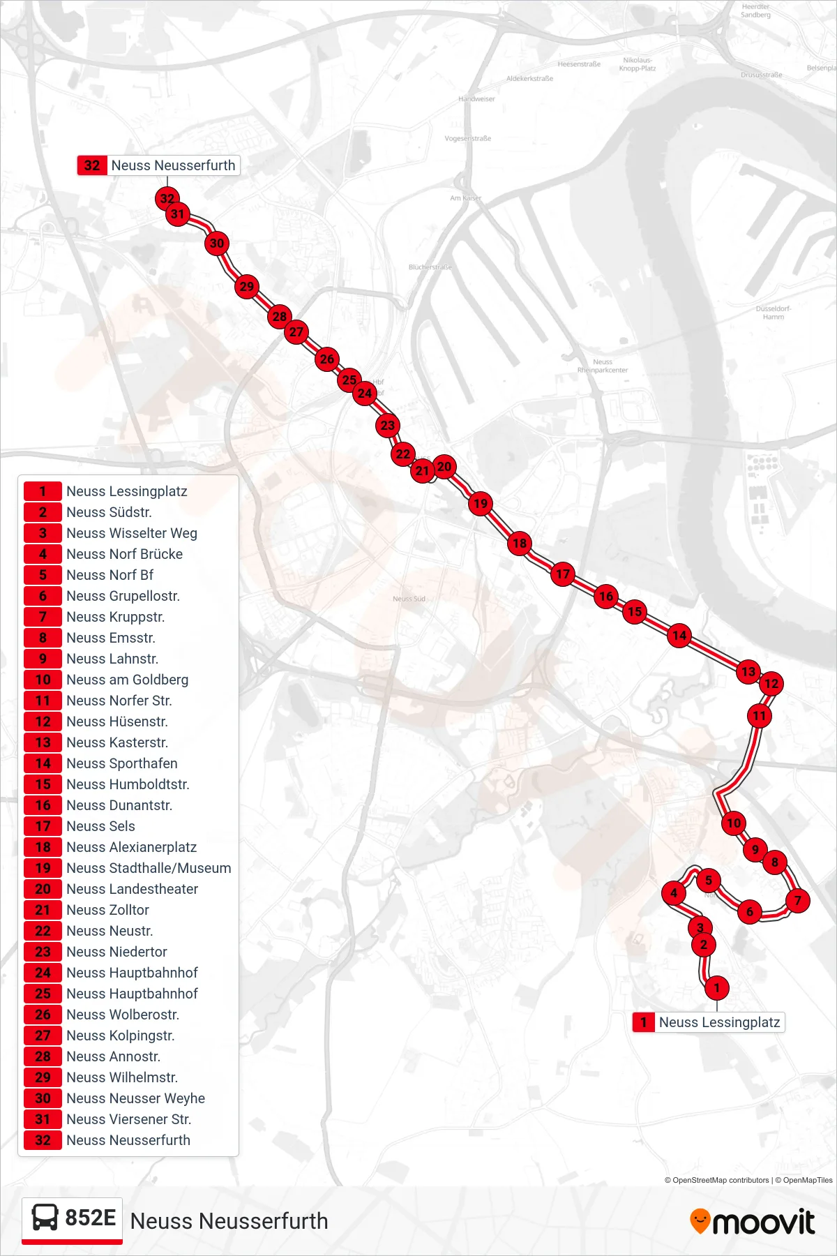 Linie 852E (Bus) Richtung Neuss Neusserfurth: Route und Haltestellen auf der Karte