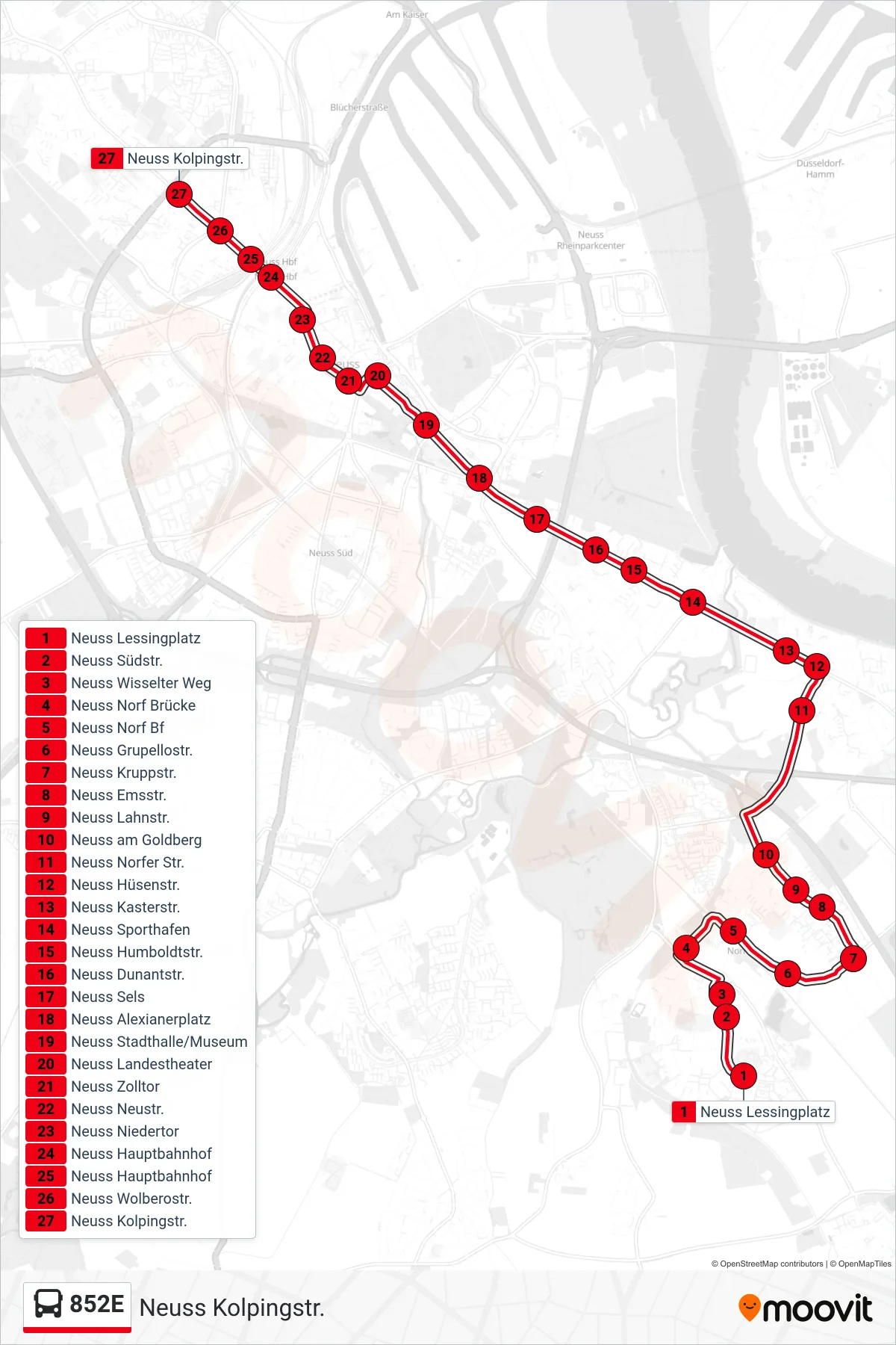 852E bus Line (Neuss Kolpingstr.) route and stops on a map