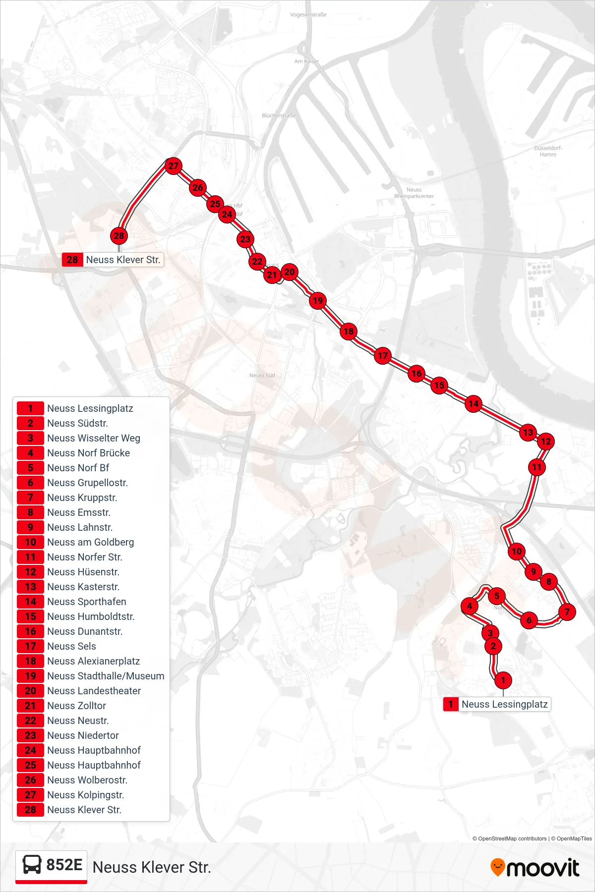 Linie 852E (Bus) Richtung Neuss Klever Str.: Route und Haltestellen auf der Karte