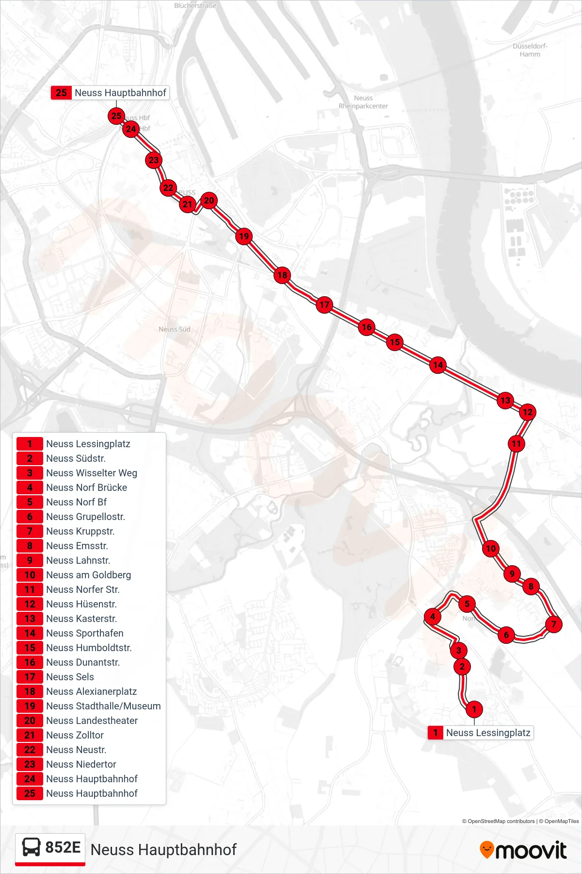 852E bus Line (Neuss Hauptbahnhof) route and stops on a map
