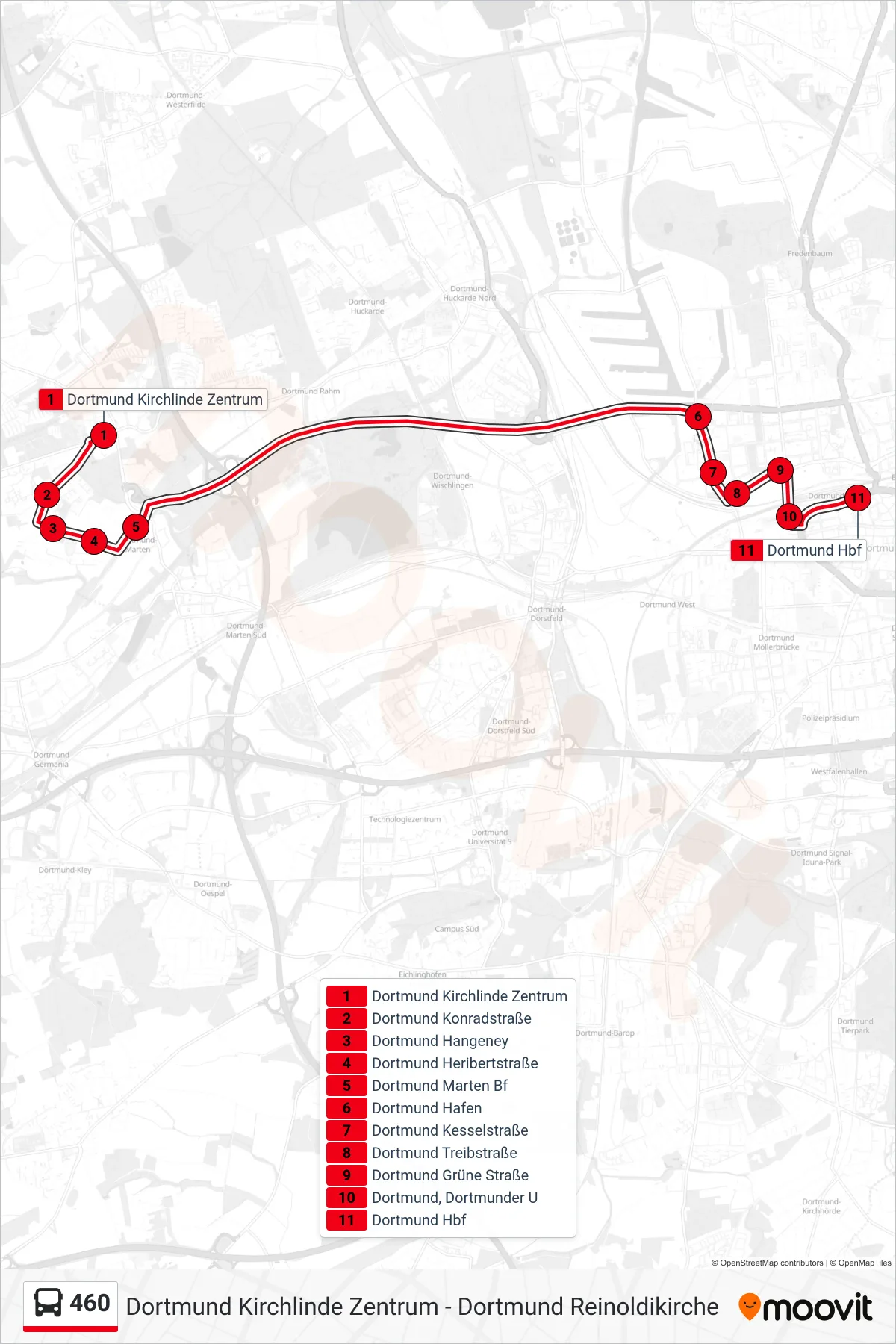 Linie 460 (Bus) Richtung Dortmund Hbf: Route und Haltestellen auf der Karte