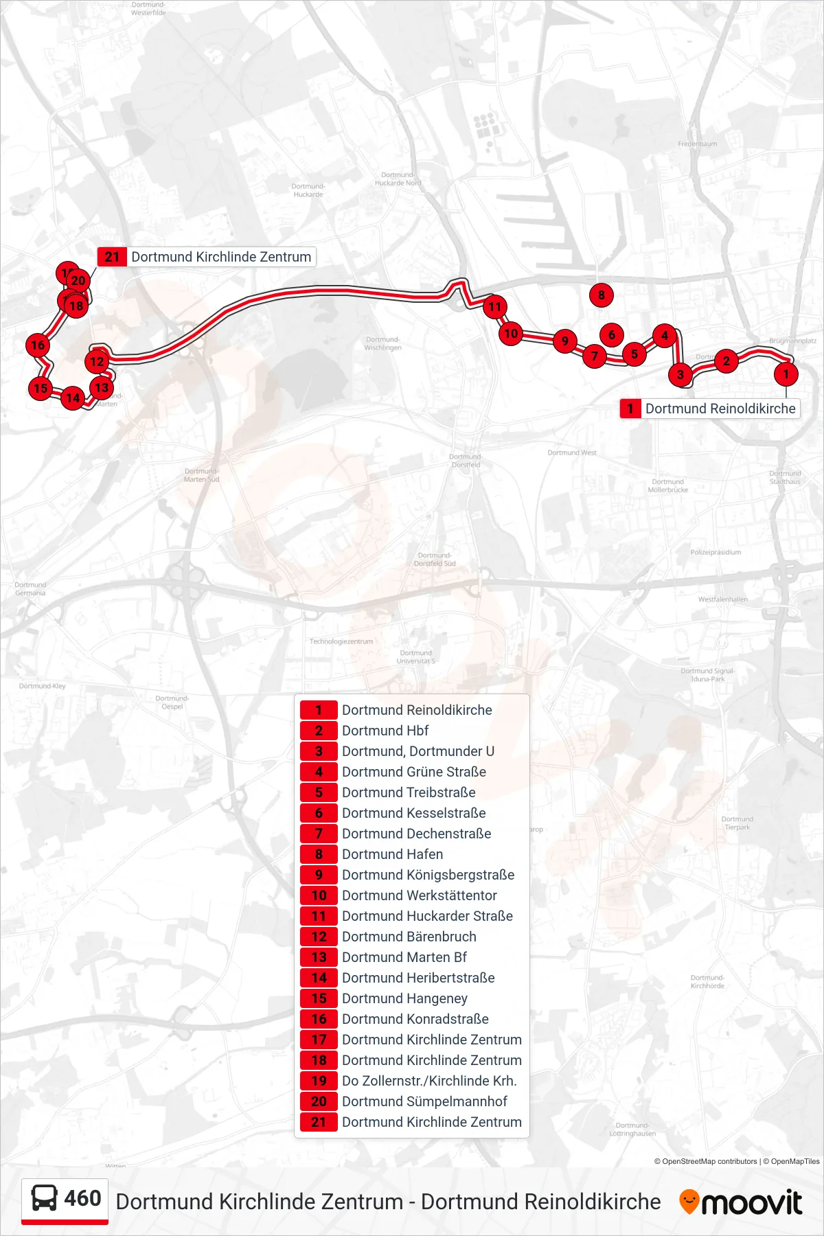 Linie 460 (Bus) Richtung Dortmund Kirchlinde Zentrum: Route und Haltestellen auf der Karte
