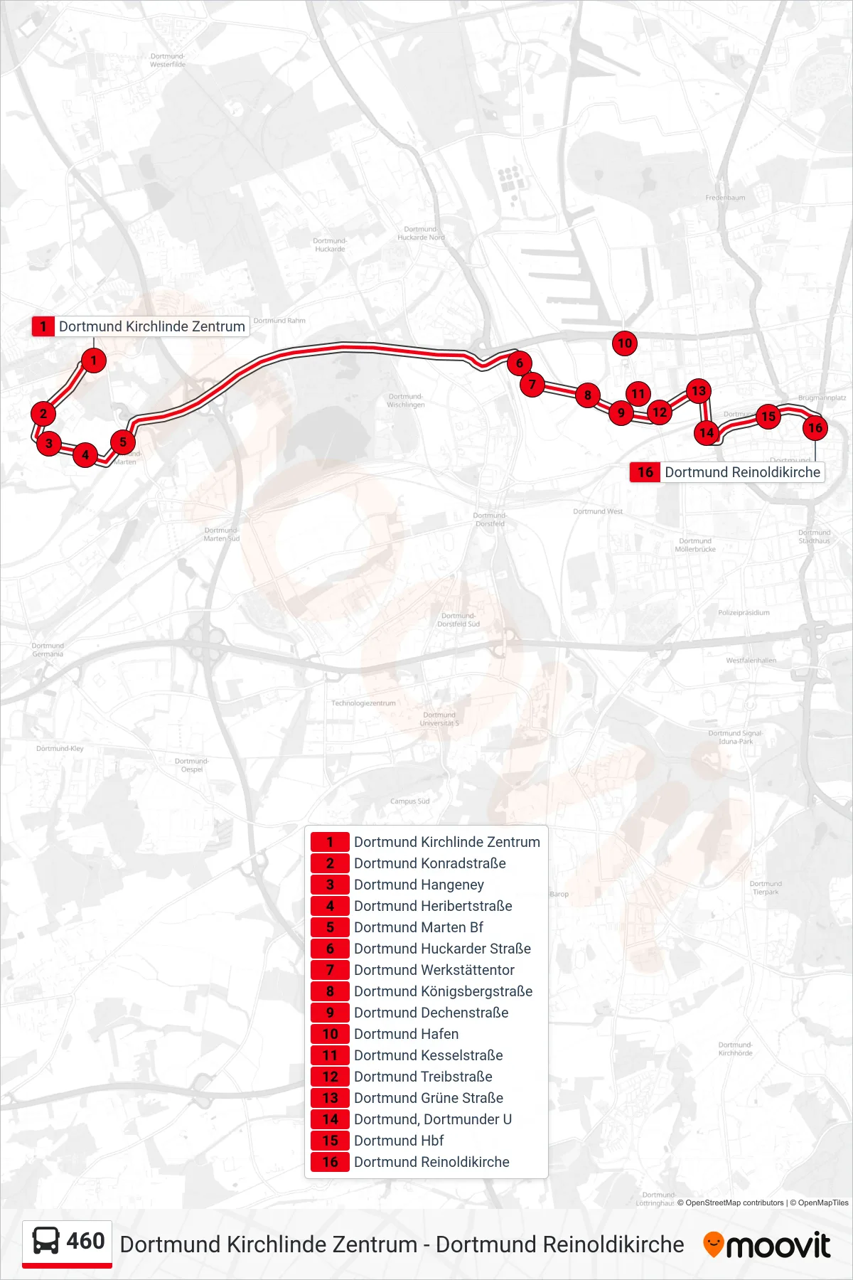 Linie 460 (Bus) Richtung Dortmund Reinoldikirche: Route und Haltestellen auf der Karte