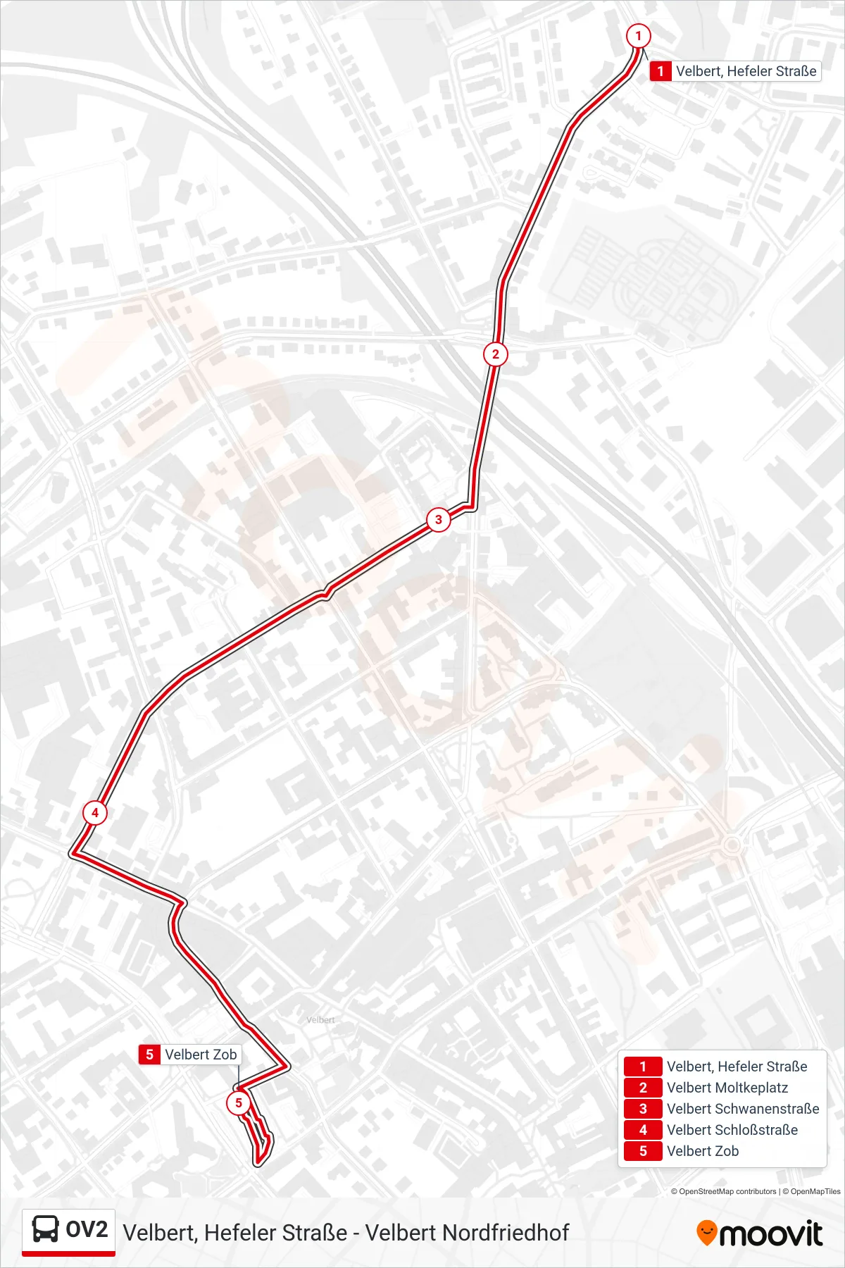Linie OV2 (Bus) Richtung Velbert Zob: Route und Haltestellen auf der Karte