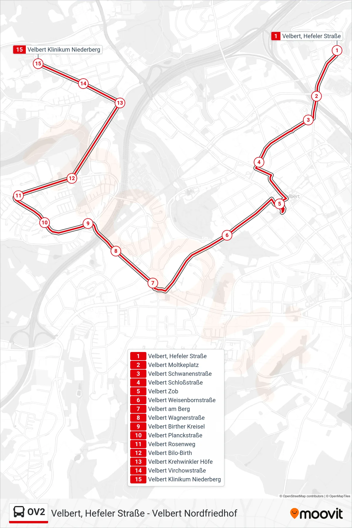 OV2 bus Line (Velbert Klinikum Niederberg) route and stops on a map