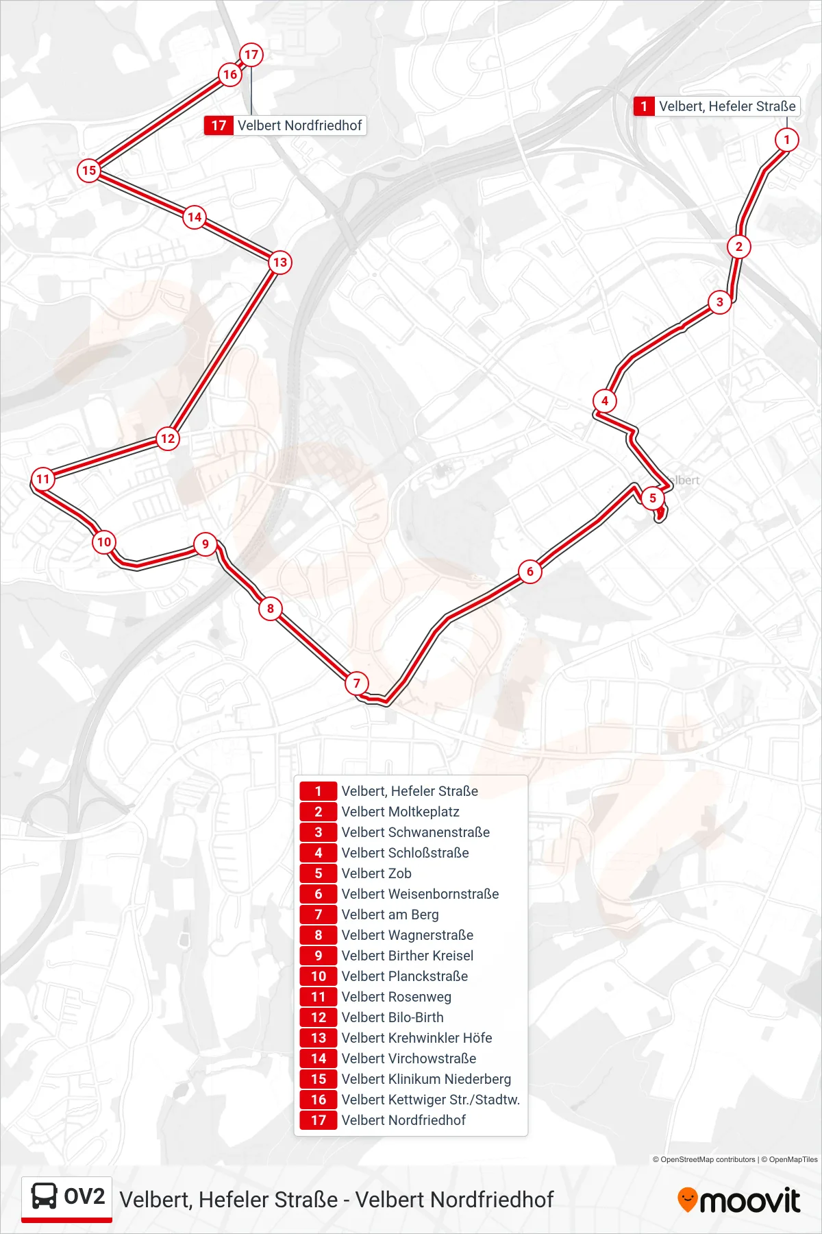 OV2 bus Line (Velbert Nordfriedhof) route and stops on a map
