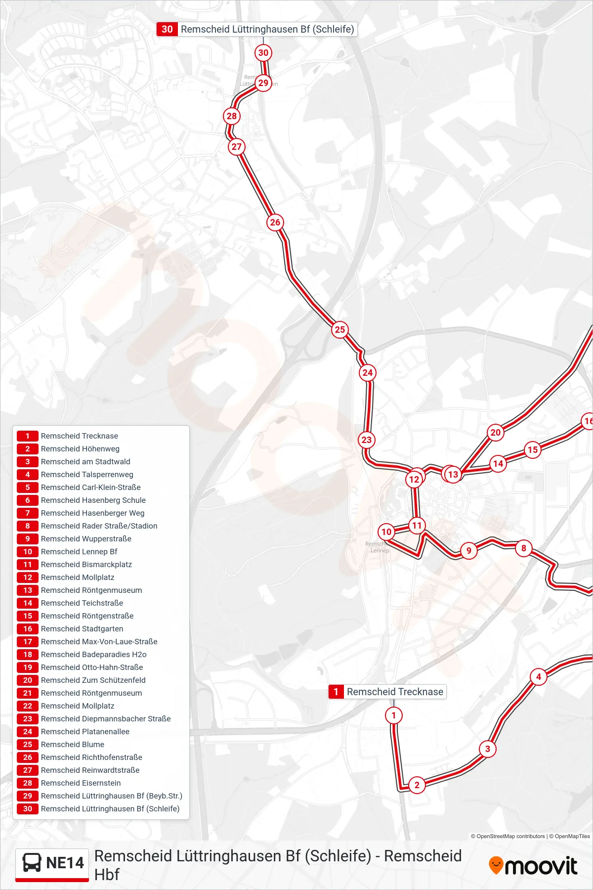 NE14 bus Line (Remscheid Lüttringhausen Bf (Schleife)) route and stops on a map