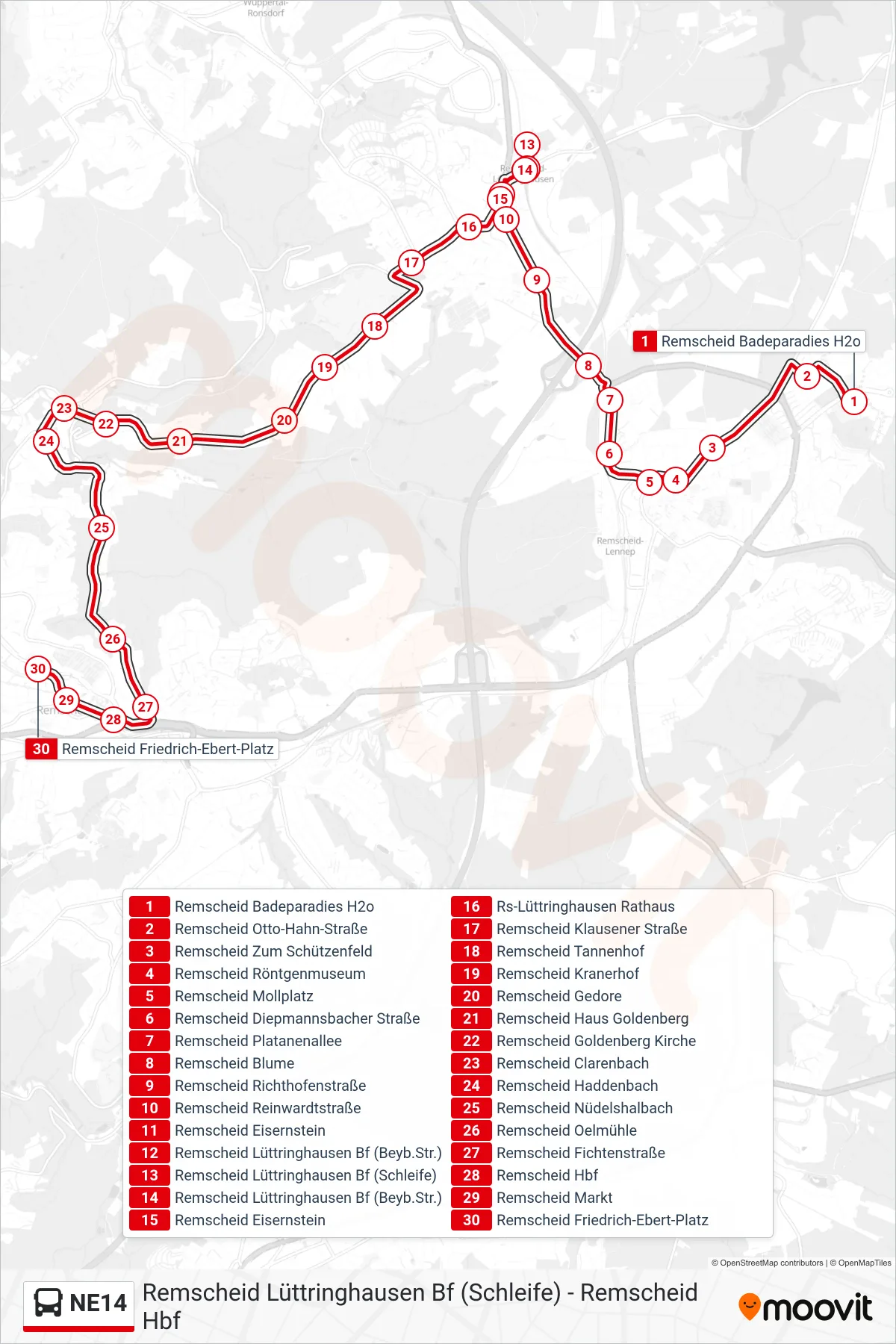 NE14 bus Line (Remscheid Friedrich-Ebert-Platz) route and stops on a map
